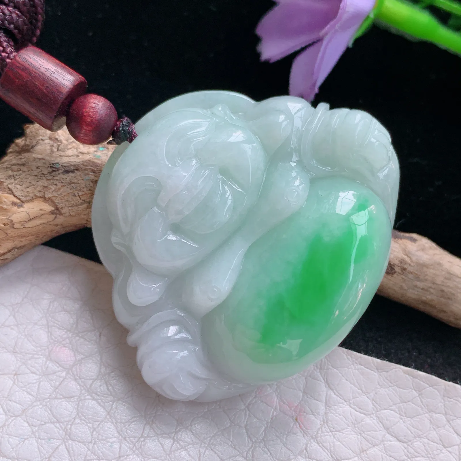 zen自然光37*44*11.8天然缅甸翡翠飘阳绿佛公 开心佛玉吊坠 玉挂件