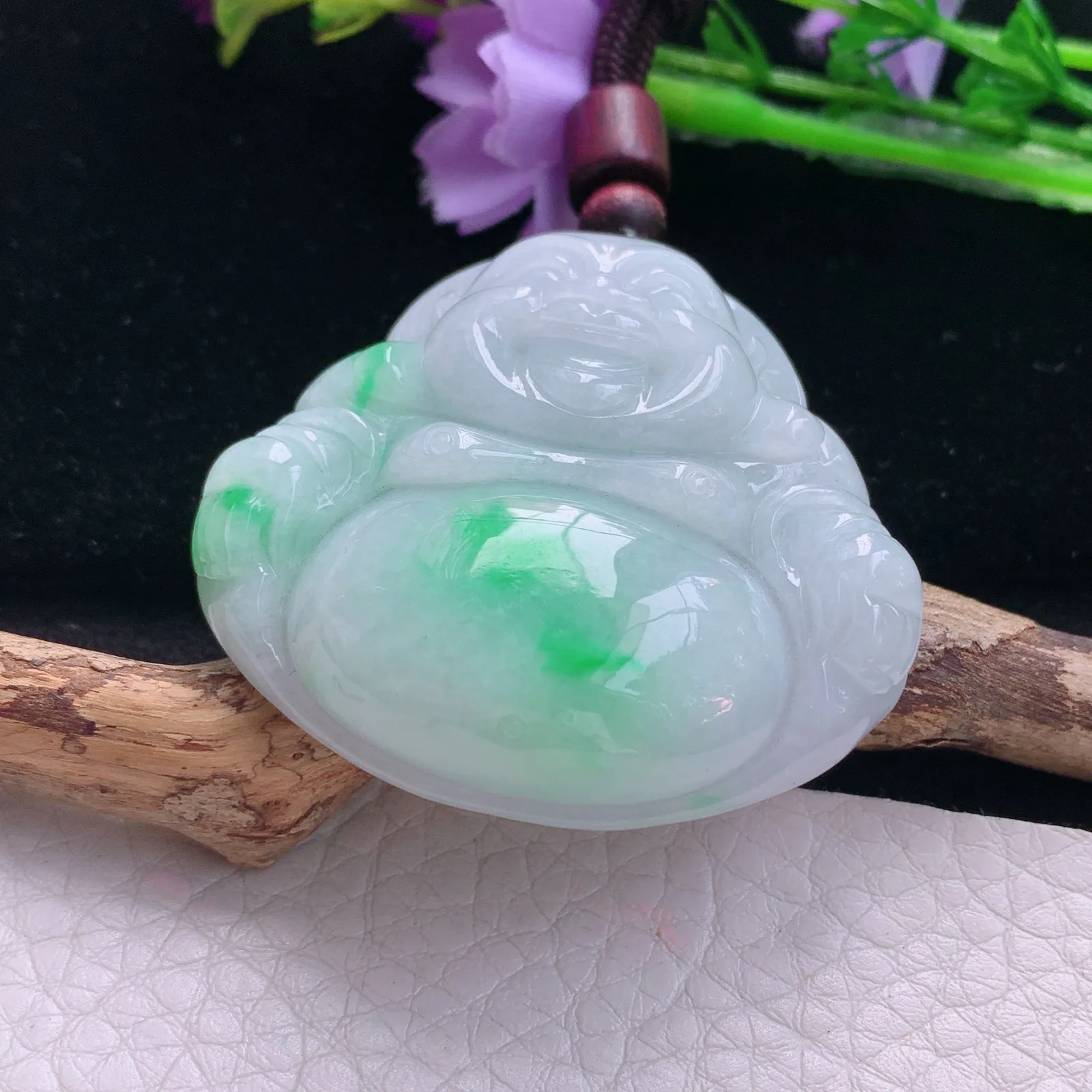 zen自然光43*45.7*12.3天然缅甸翡翠白底青佛公 开心佛玉吊坠 玉挂件