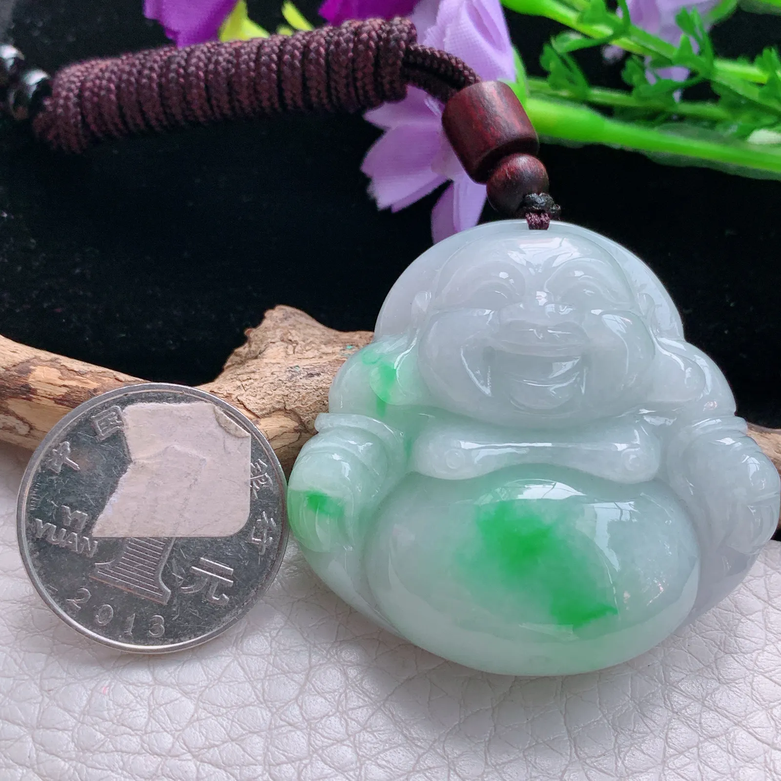 zen自然光43*45.7*12.3天然缅甸翡翠白底青佛公 开心佛玉吊坠 玉挂件
