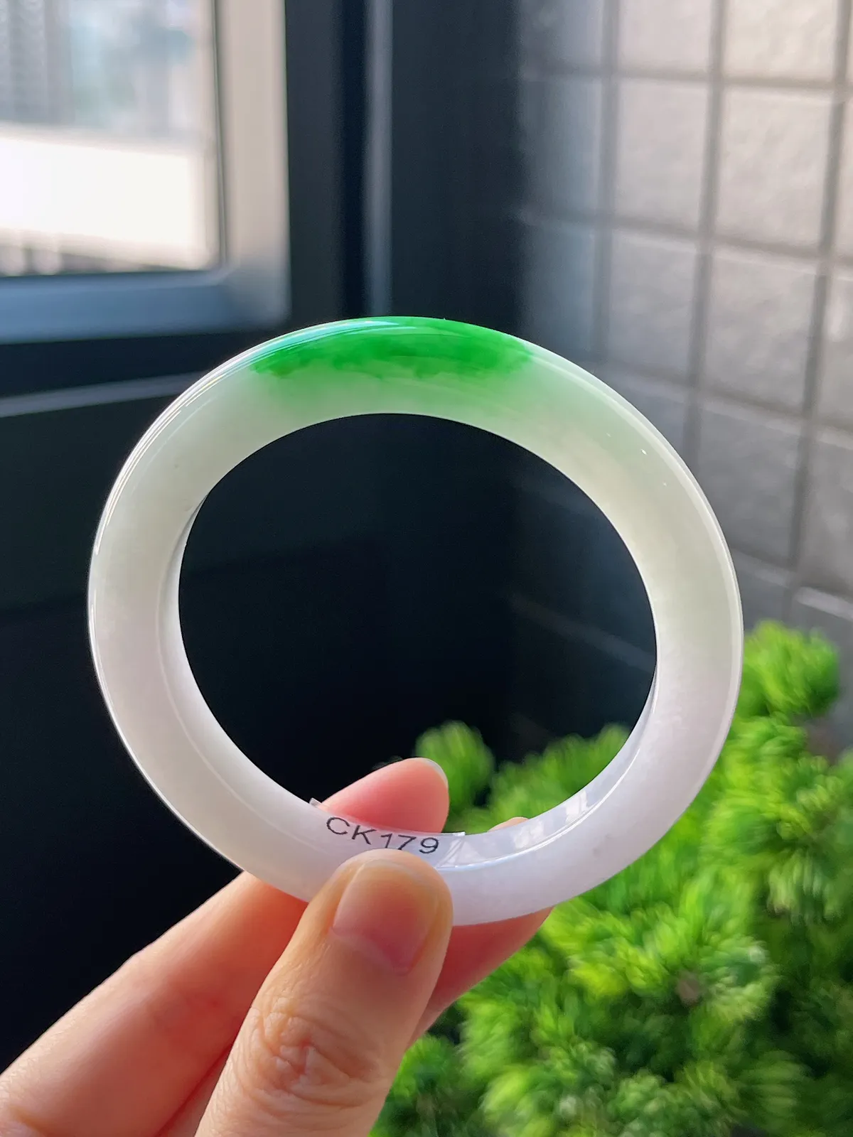 正圈54.3圈口，翡翠糯化种飘绿手镯，白底青