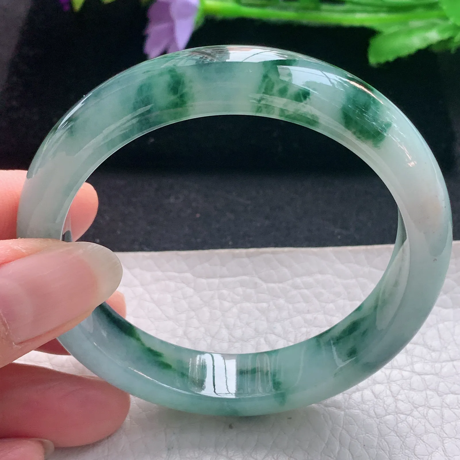 nr实拍56*13*8缅甸翡翠a货玉手镯冰飘花正圈平安镯宽版玉手环