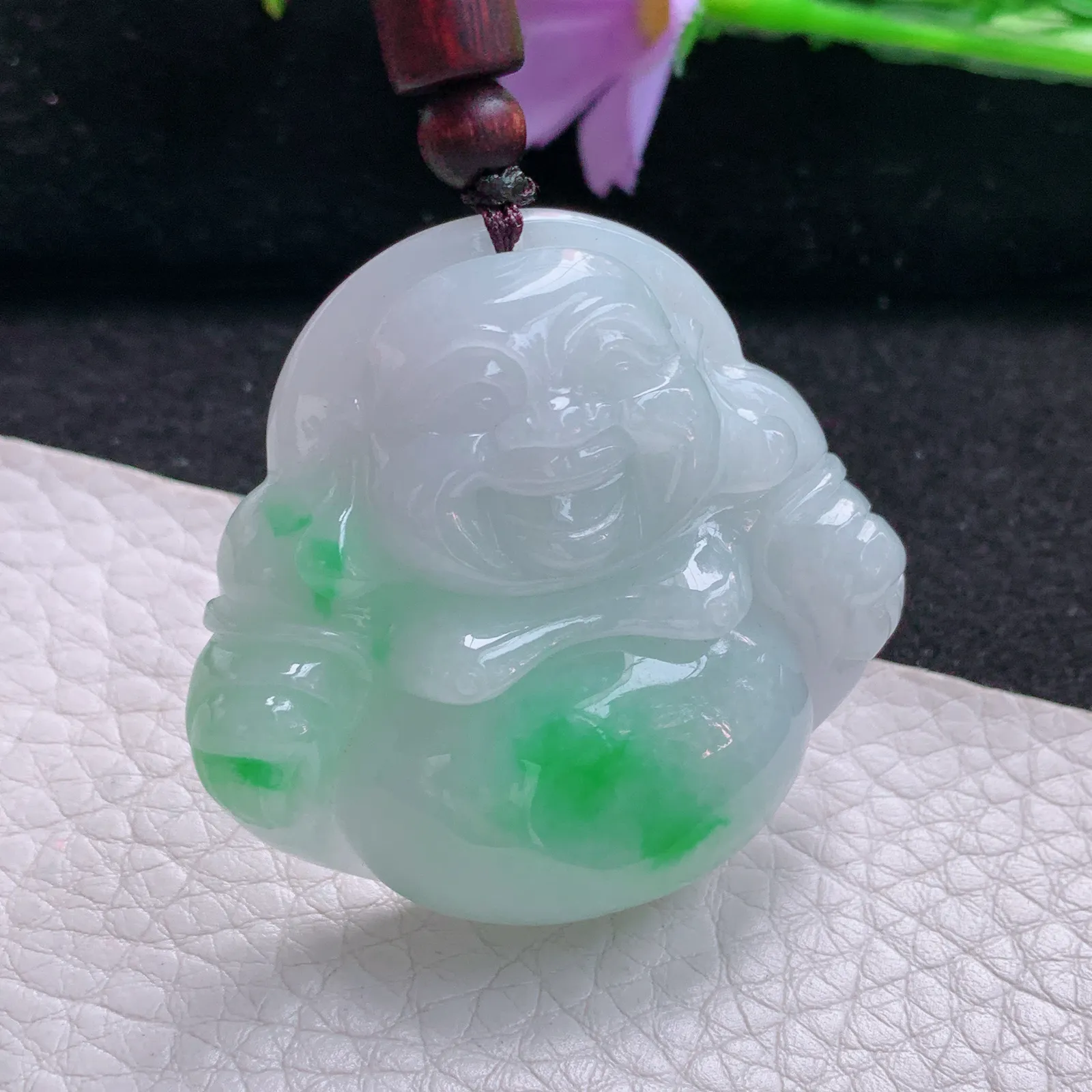 zen自然光43*45.7*12.3天然缅甸翡翠白底青佛公 开心佛玉吊坠 玉挂件