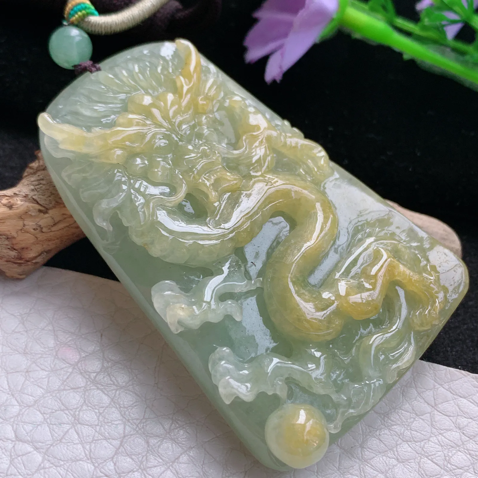 zen自然光64.8*43.3*12.6天然缅甸翡翠冰双彩霸气龙牌玉吊坠 玉挂件