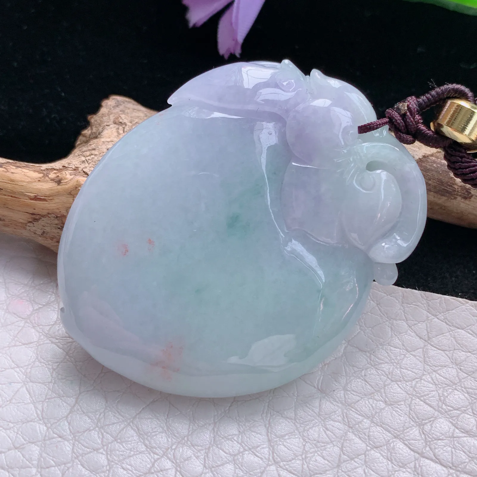 zen自然光47.5*36.8*12.5天然缅甸翡翠春带彩桃子 大福瓜玉吊坠 玉挂件