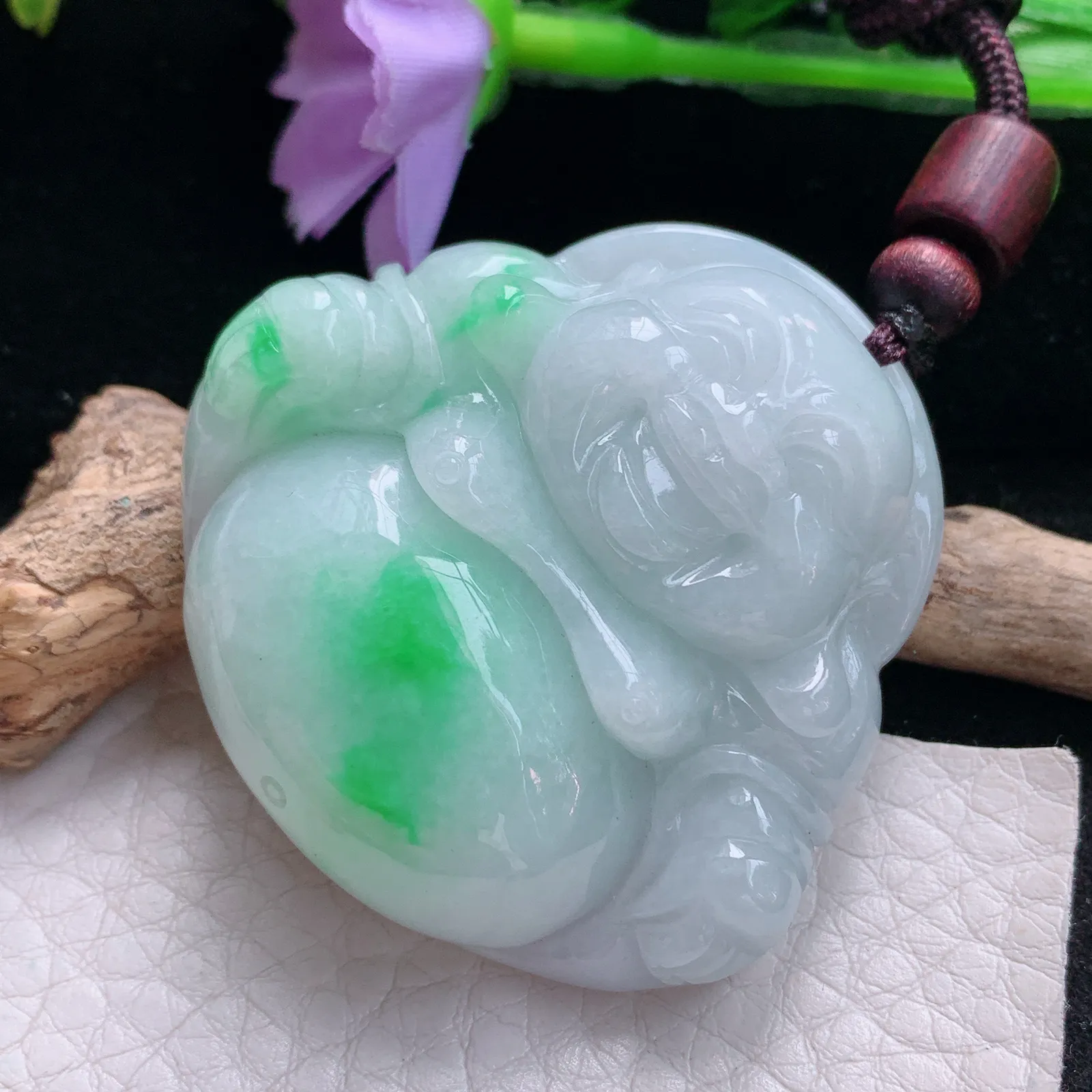 zen自然光43*45.7*12.3天然缅甸翡翠白底青佛公 开心佛玉吊坠 玉挂件