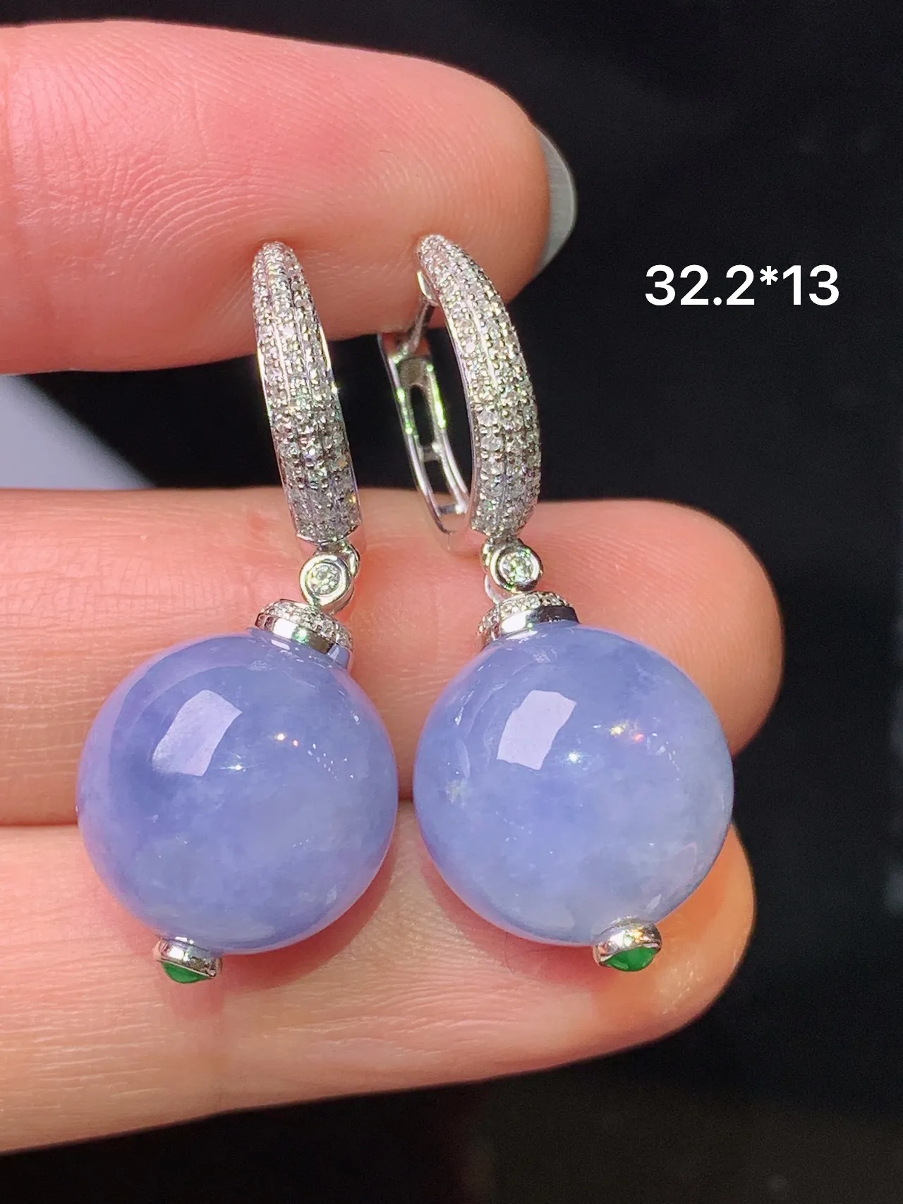 18k金钻镶嵌紫罗兰圆珠耳坠  玉质细腻 色泽艳丽清新 整体尺寸32.2*13