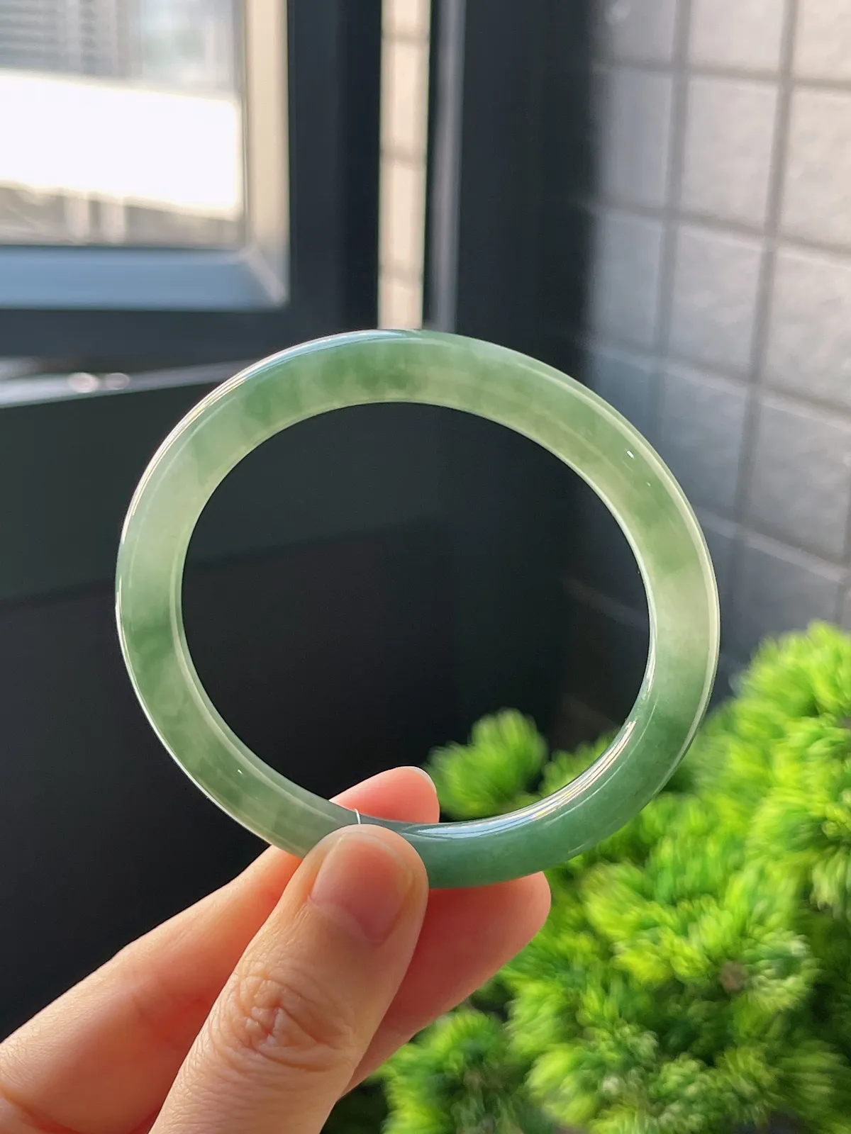 圆镯53.4圈口，翡翠糯化种绿色手镯