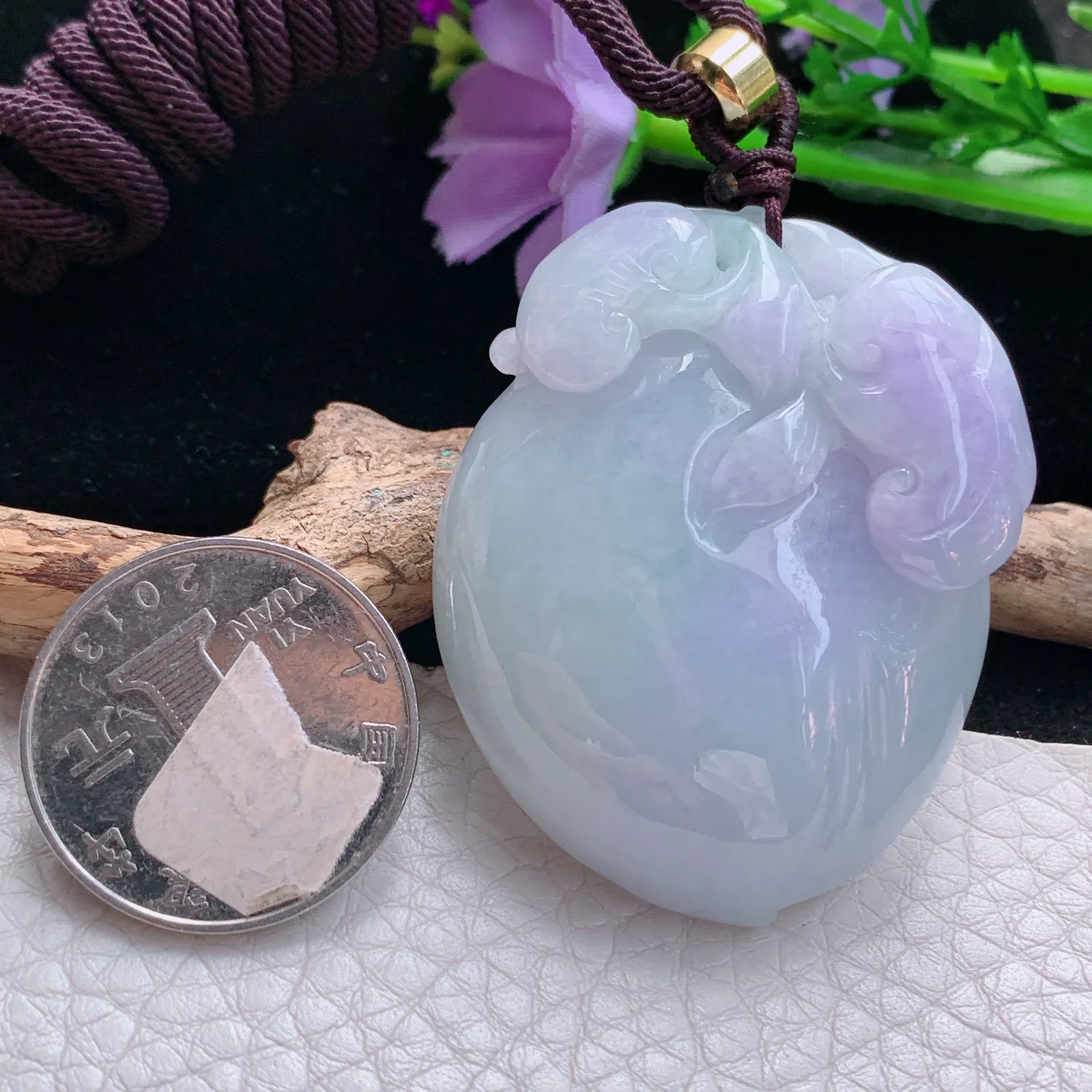 zen自然光47.5*36.8*12.5天然缅甸翡翠春带彩桃子 大福瓜玉吊坠 玉挂件