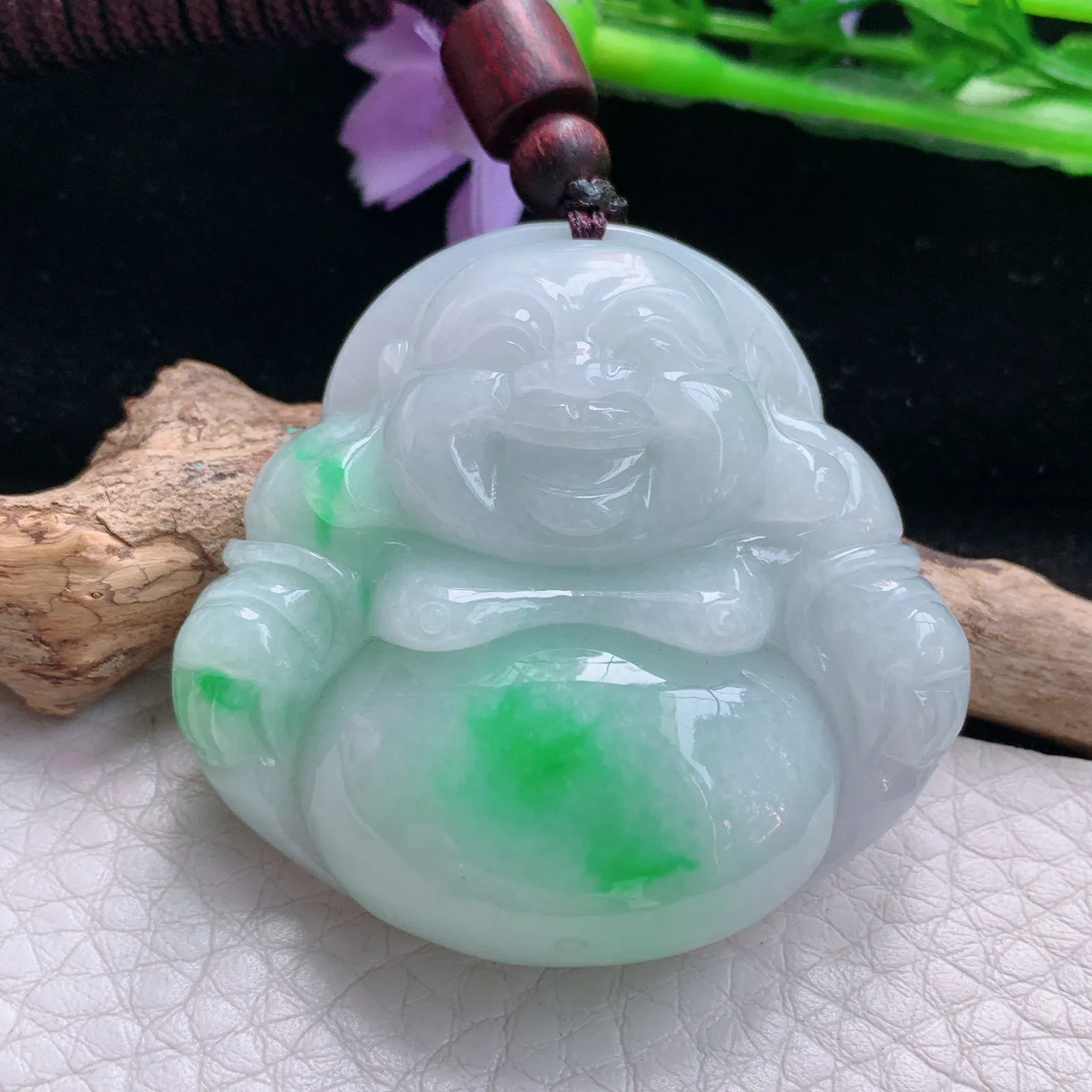 zen自然光43*45.7*12.3天然缅甸翡翠白底青佛公 开心佛玉吊坠 玉挂件