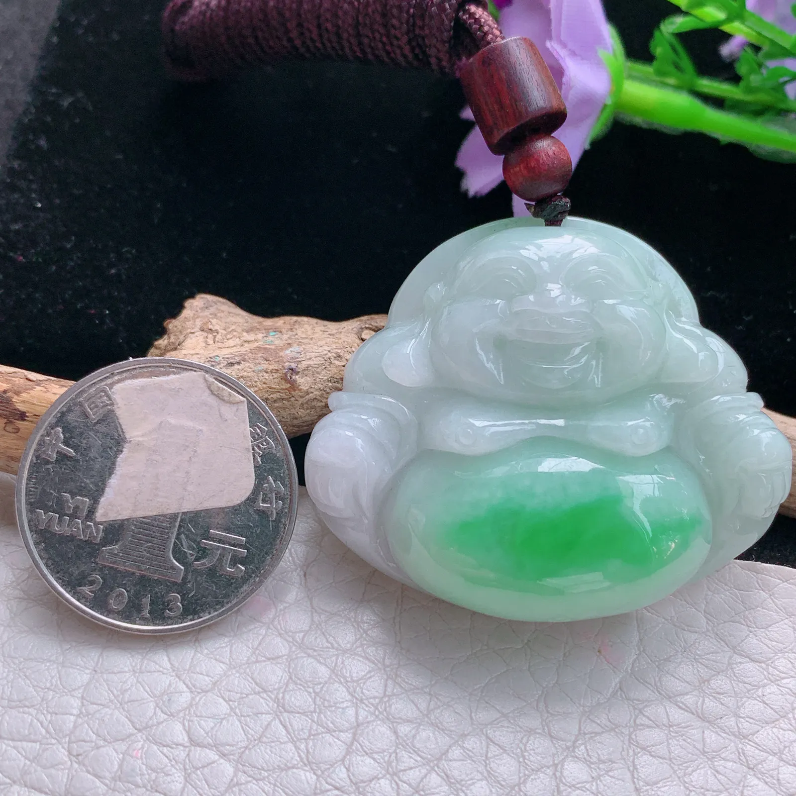 zen自然光37*44*11.8天然缅甸翡翠飘阳绿佛公 开心佛玉吊坠 玉挂件