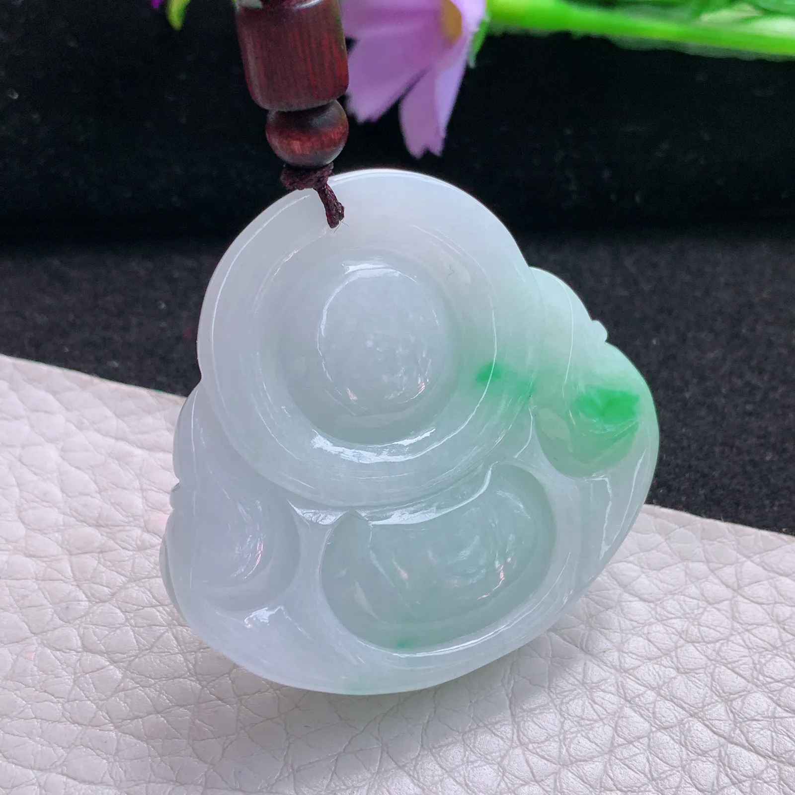 zen自然光43*45.7*12.3天然缅甸翡翠白底青佛公 开心佛玉吊坠 玉挂件