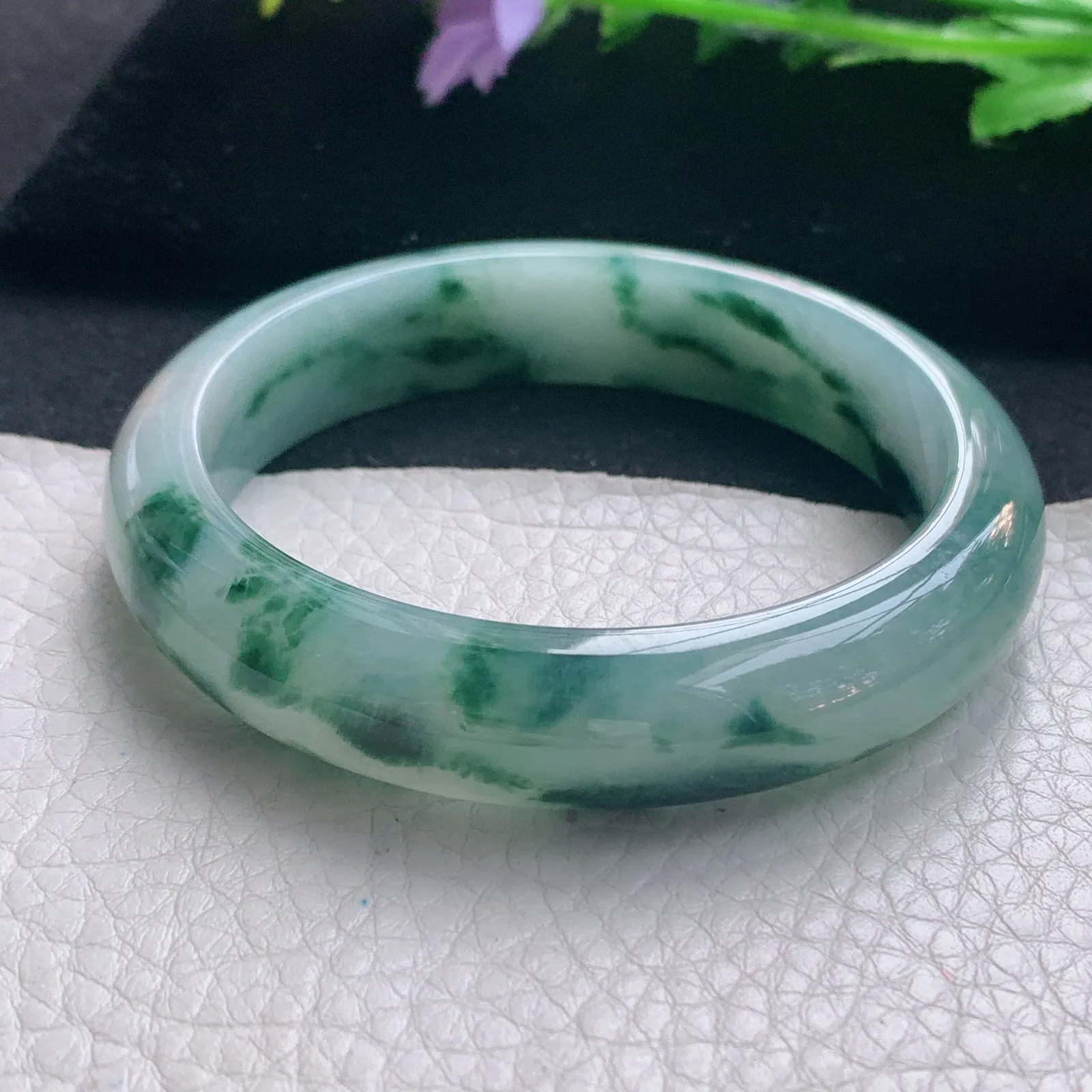 nr实拍56*13*8缅甸翡翠a货玉手镯冰飘花正圈平安镯宽版玉手环