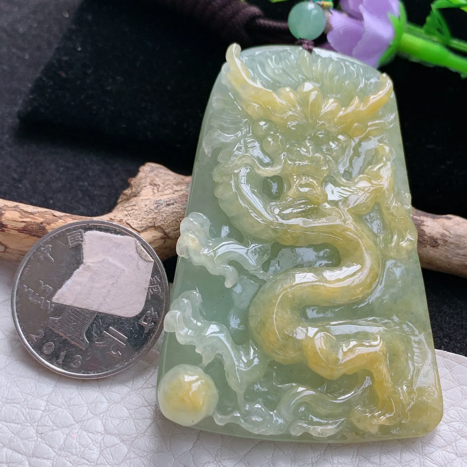 zen自然光64.8*43.3*12.6天然缅甸翡翠冰双彩霸气龙牌玉吊坠 玉挂件