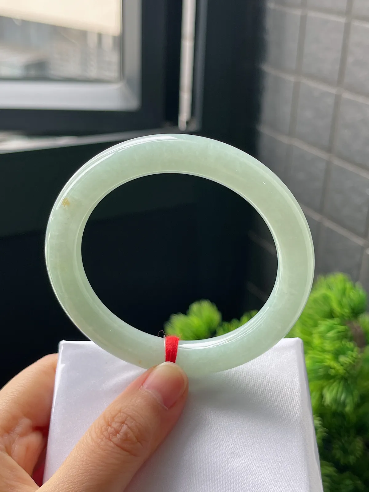 圆镯54.9圈口，翡翠糯化种淡绿色手镯