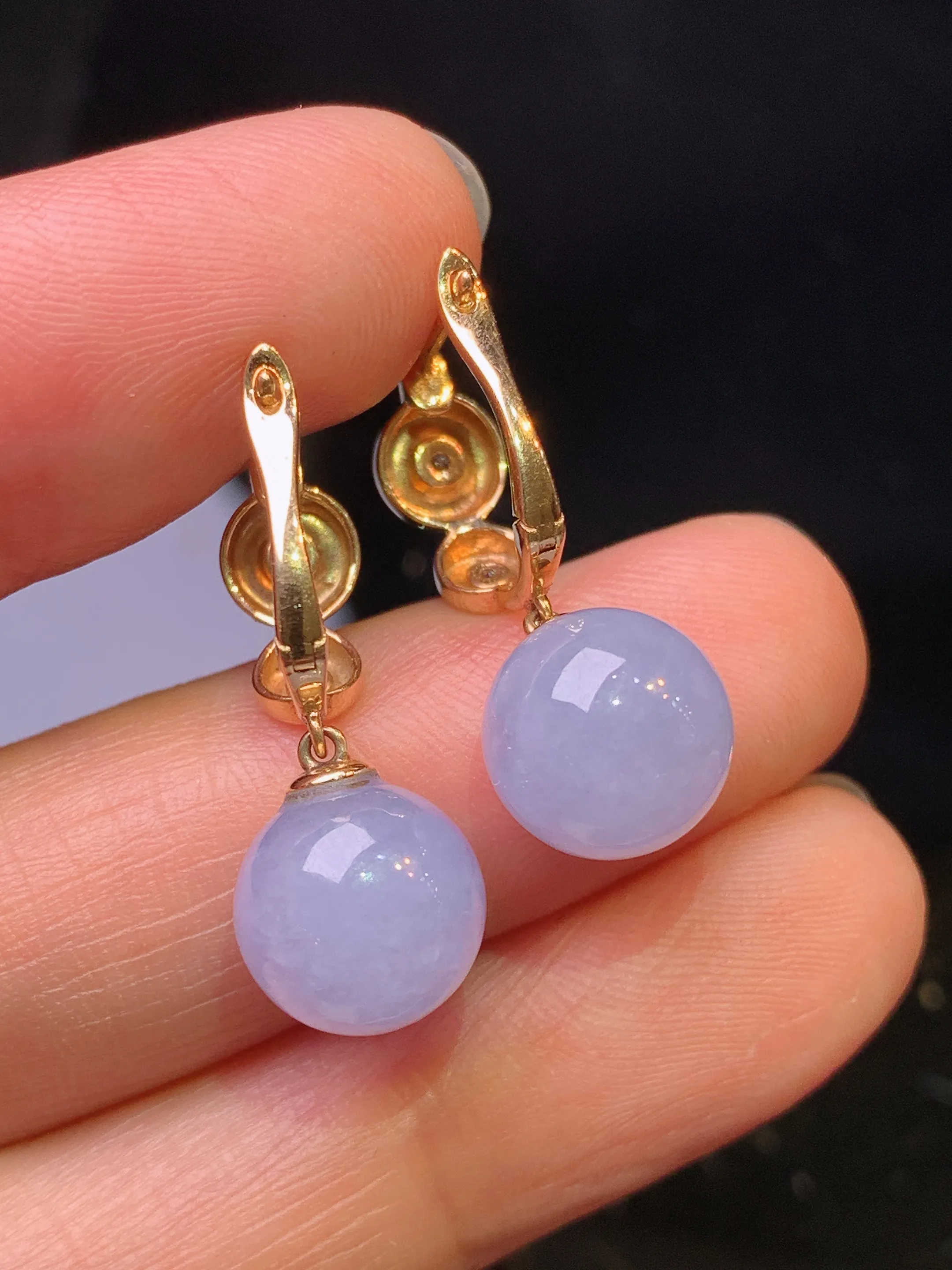 18k金镶嵌紫罗兰圆珠耳坠 玉质细腻 色泽艳丽清新 整体尺寸26*9.3