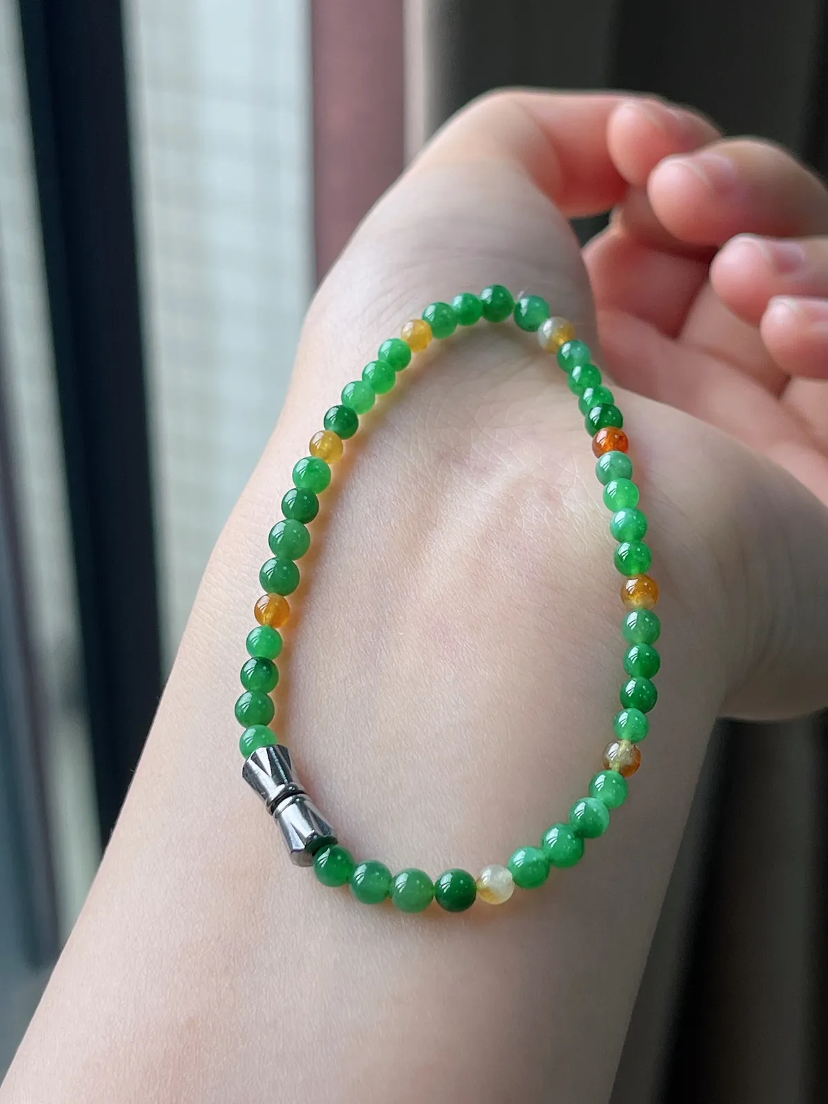 翡翠冰糯种卡3+辣色多宝黄加绿手串