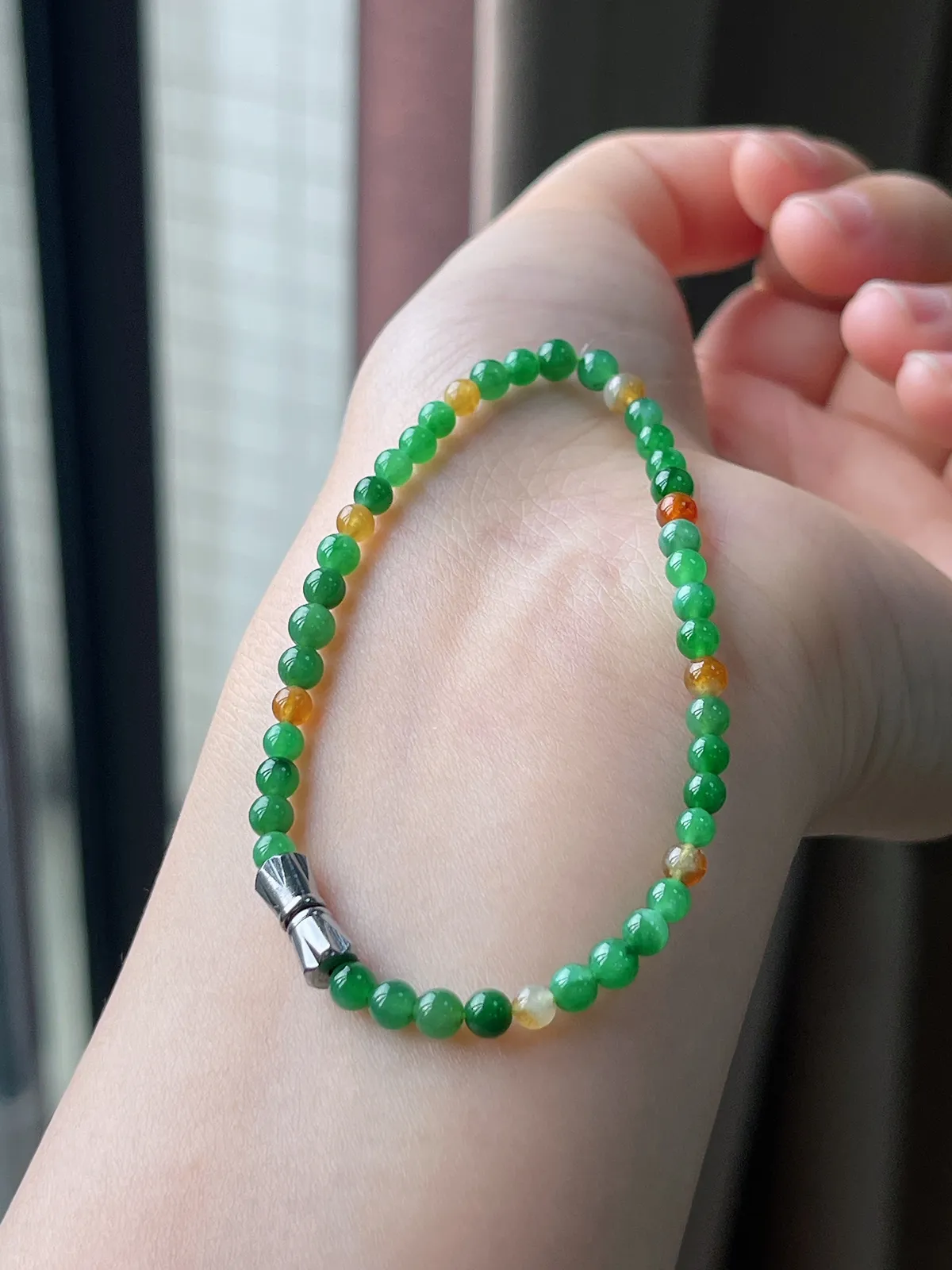 翡翠冰糯种卡3+辣色多宝黄加绿手串