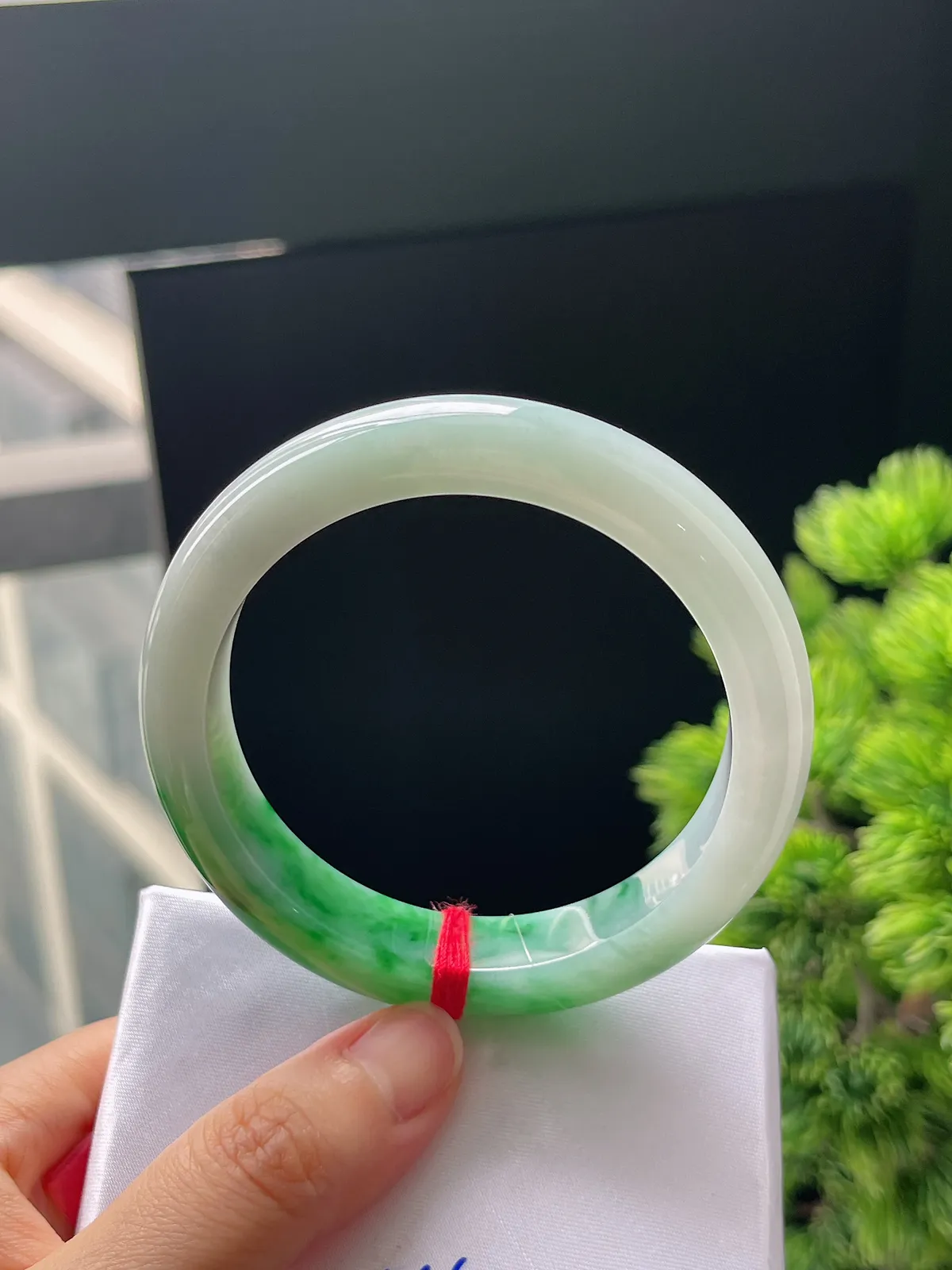 正圈56.6，翡翠白底青手镯