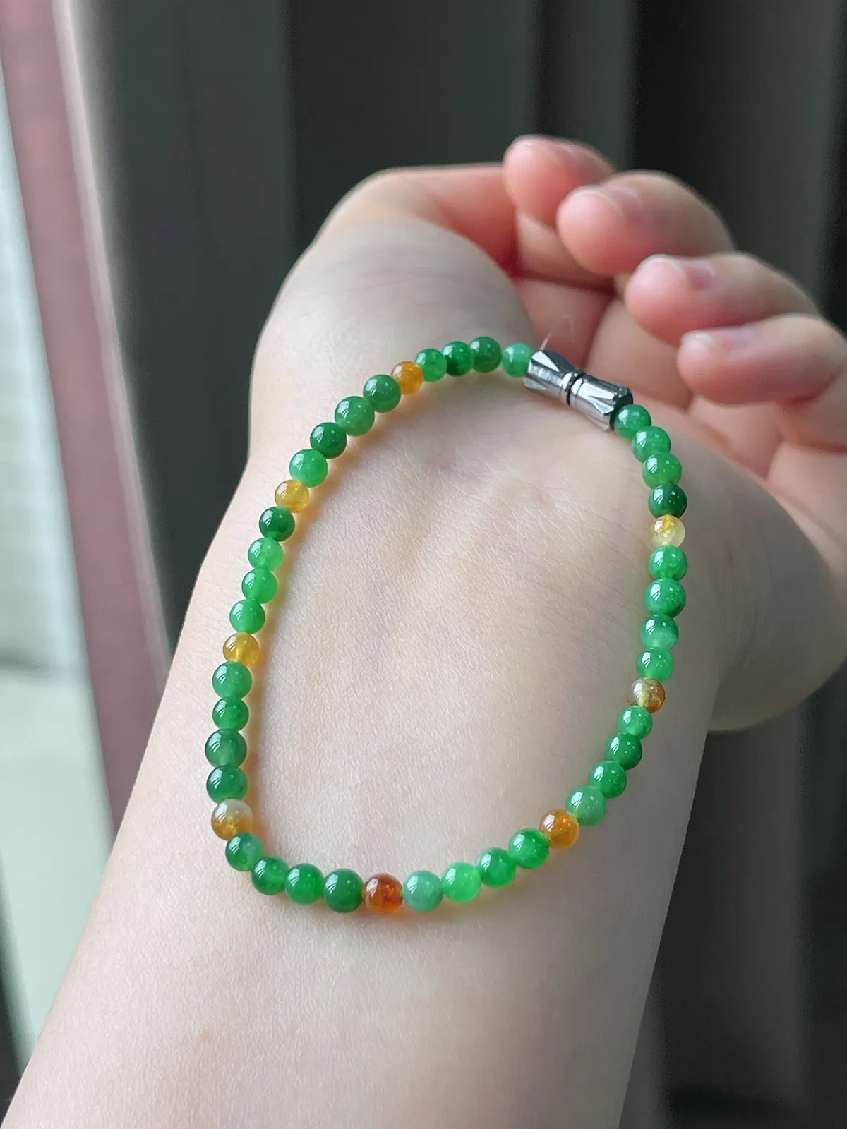 翡翠冰糯种卡3+辣色多宝黄加绿手串