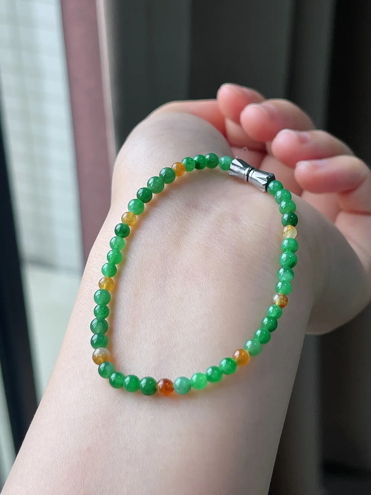 翡翠冰糯种卡3+辣色多宝黄加绿手串