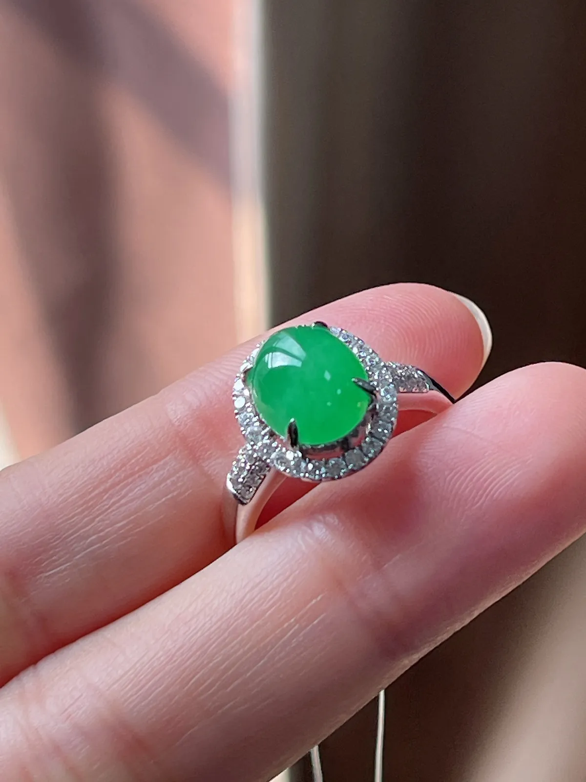 翡翠冰糯种满绿戒指