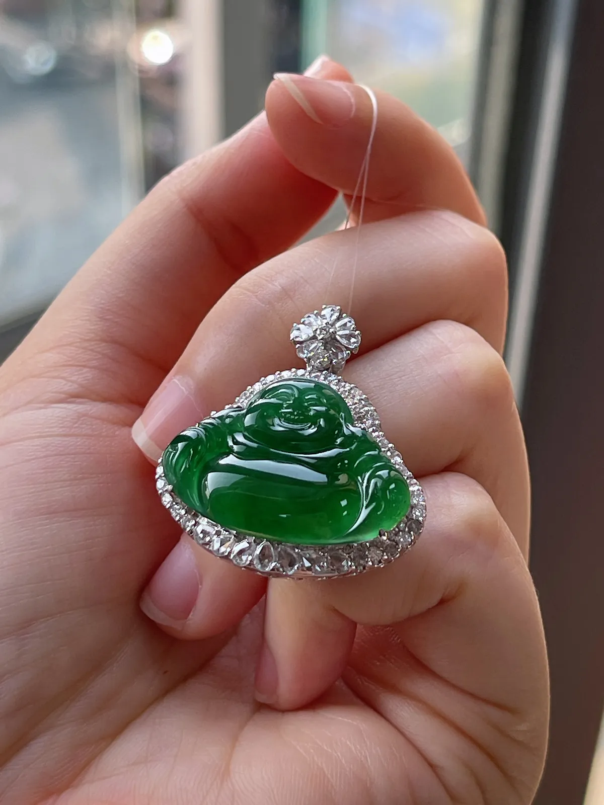 18k金翡翠冰糯种绿色佛公吊坠