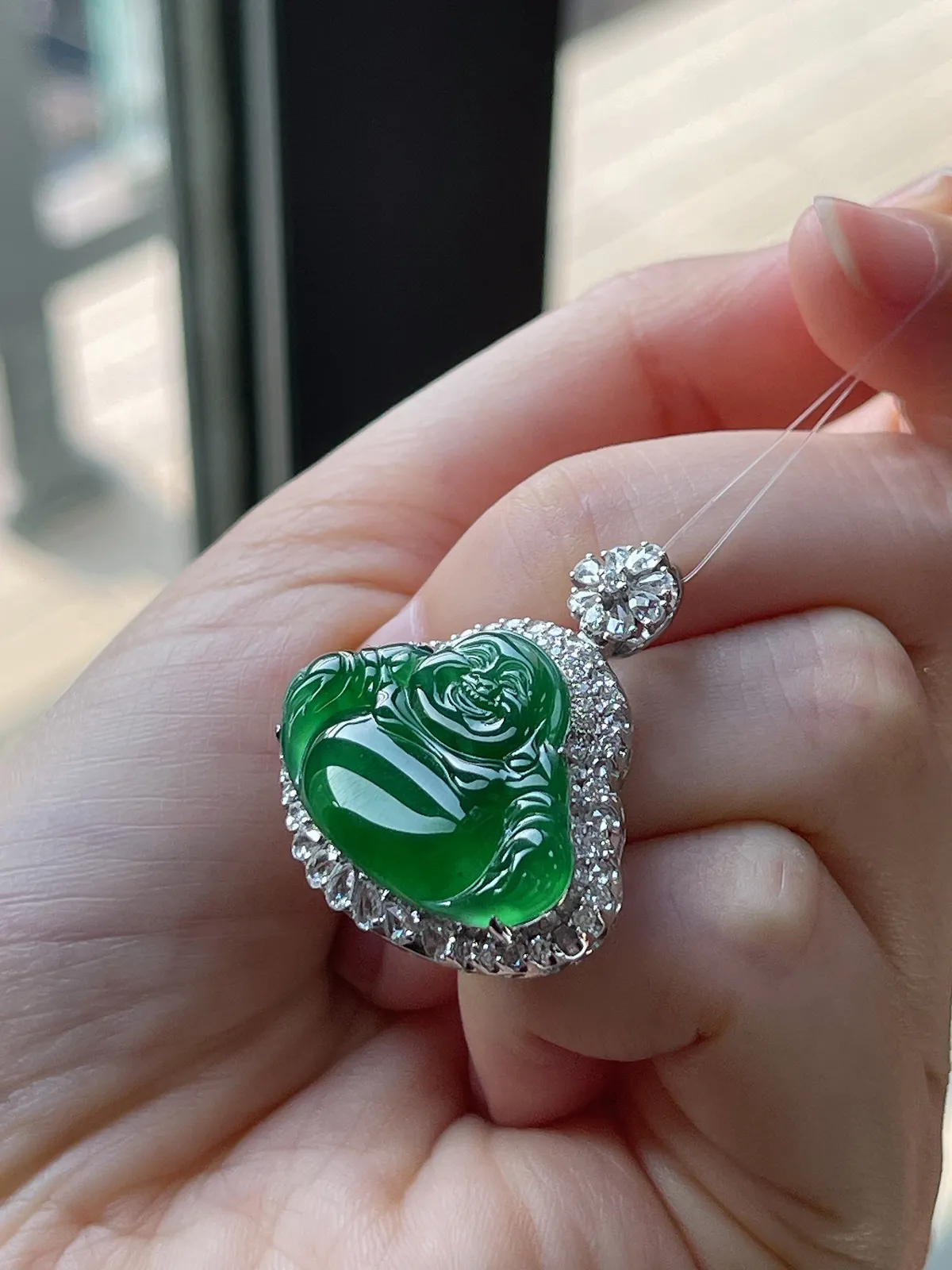 18k金翡翠冰糯种绿色佛公吊坠