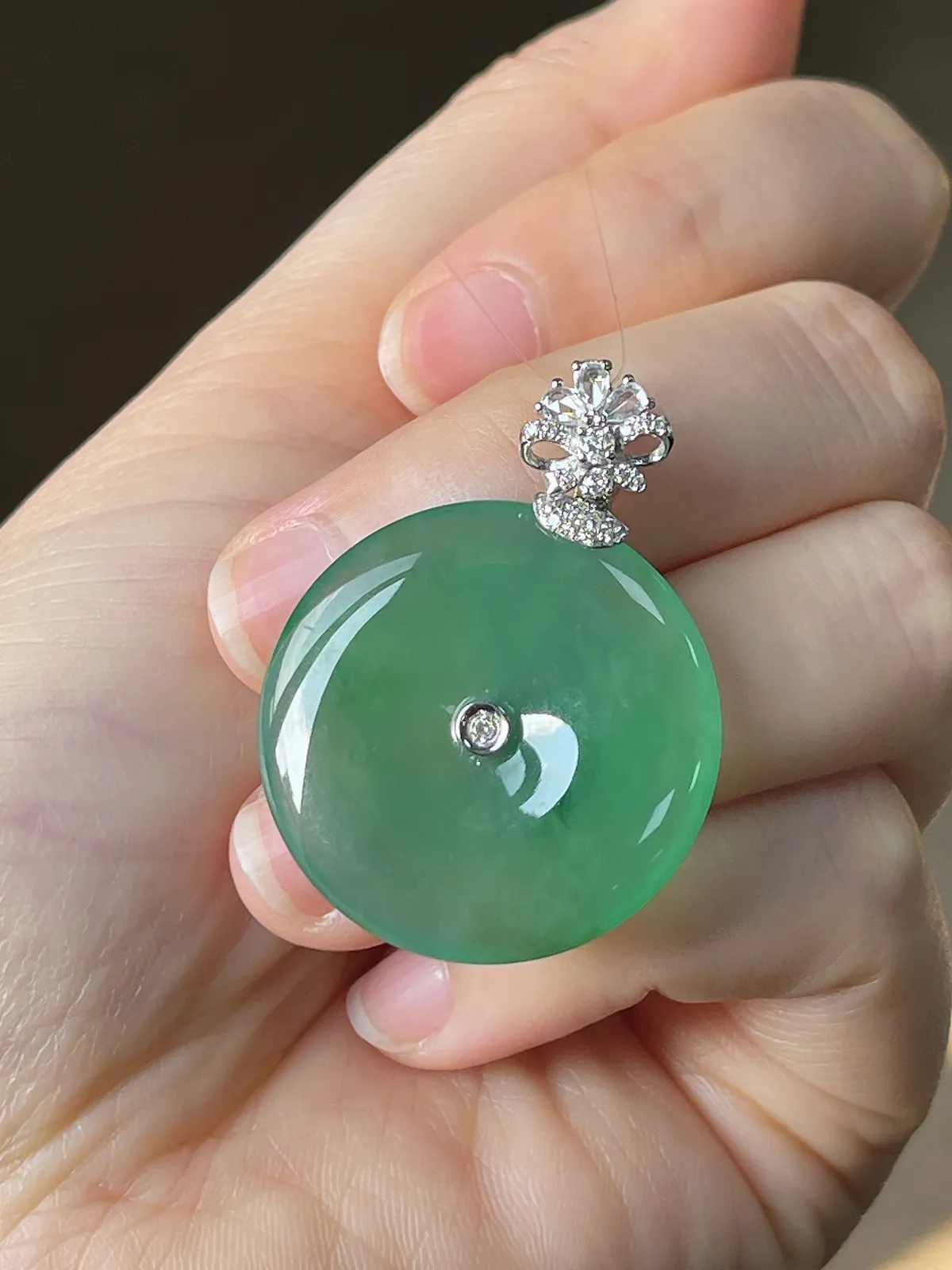 18k金翡翠冰糯种绿色平安扣吊坠