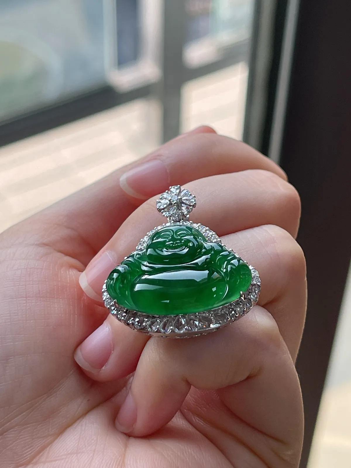 18k金翡翠冰糯种绿色佛公吊坠