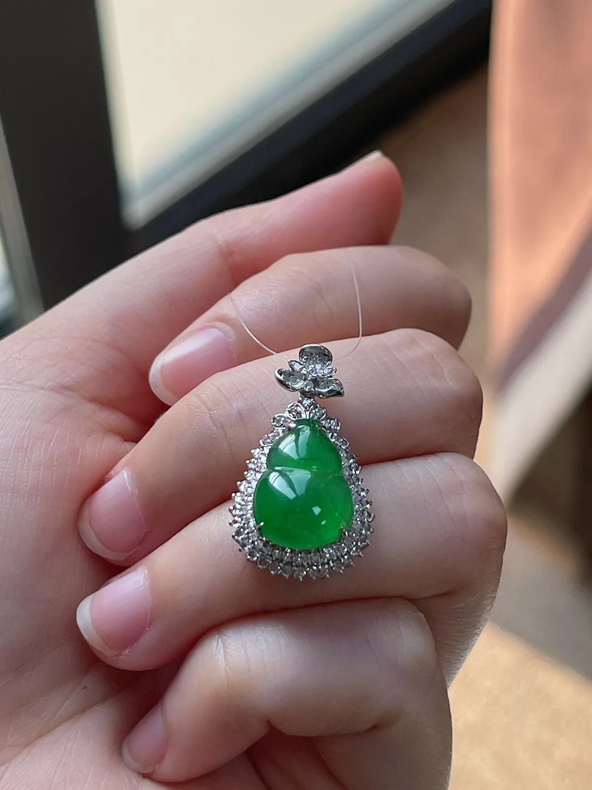 18k金翡翠冰糯种满绿葫芦吊坠