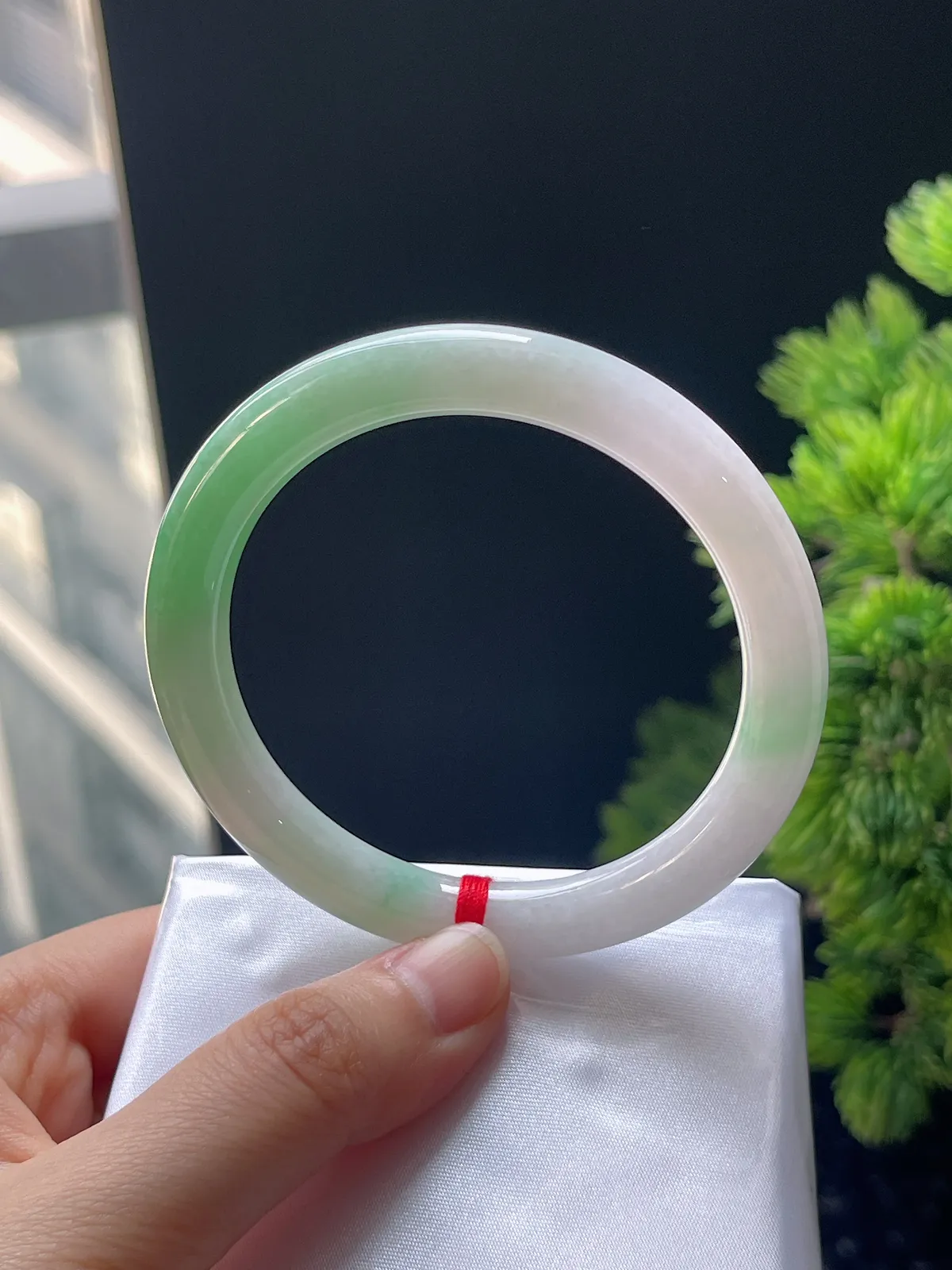 圆镯56.4圈口，翡翠糯化种飘绿手镯