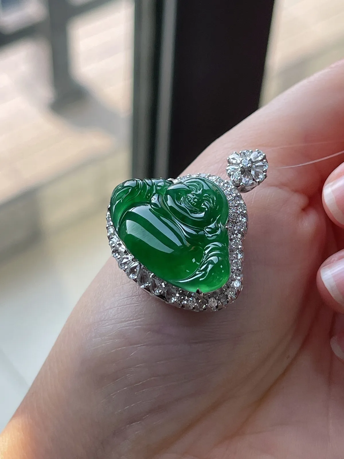 18k金翡翠冰糯种绿色佛公吊坠