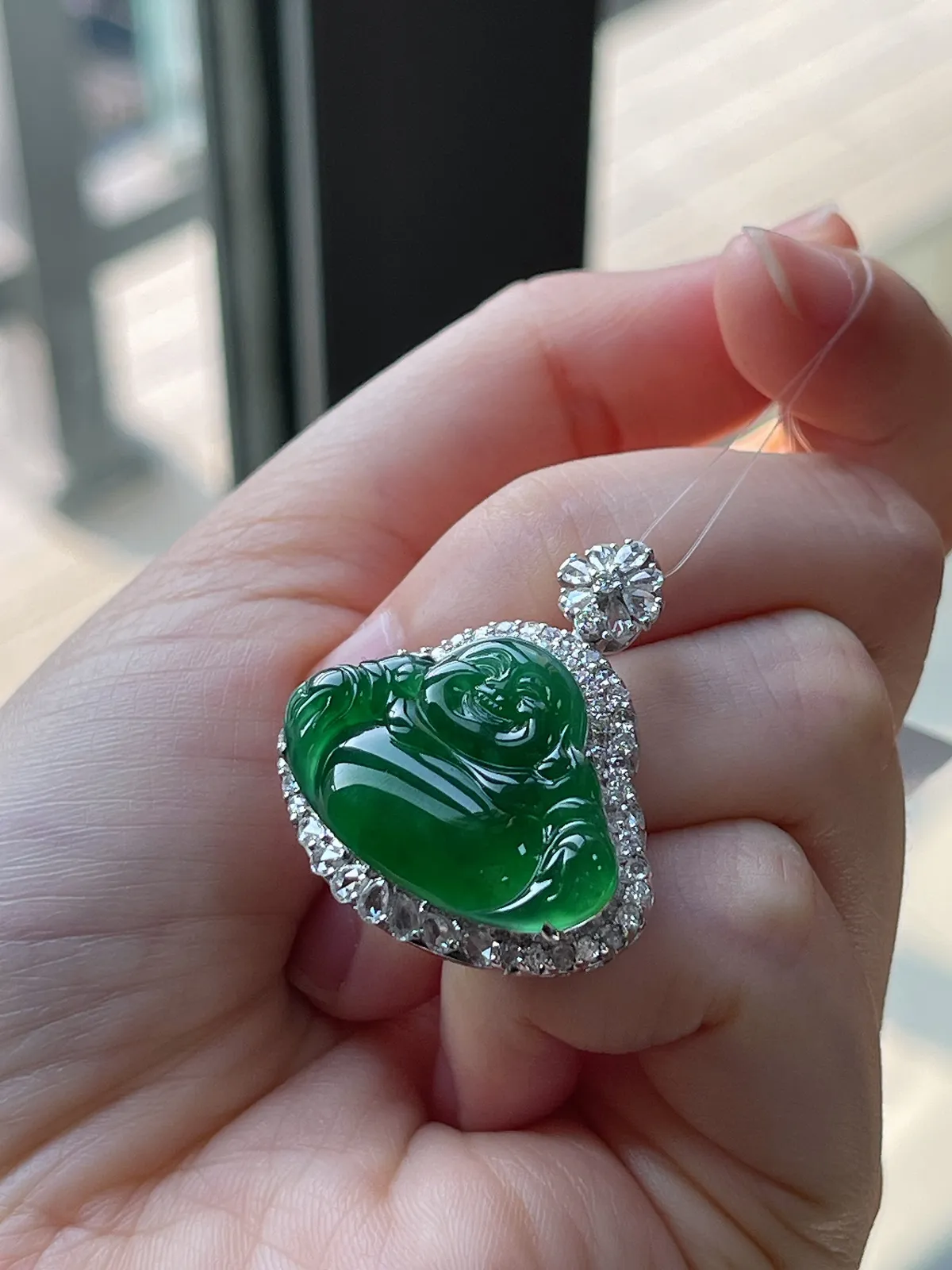 18k金翡翠冰糯种绿色佛公吊坠