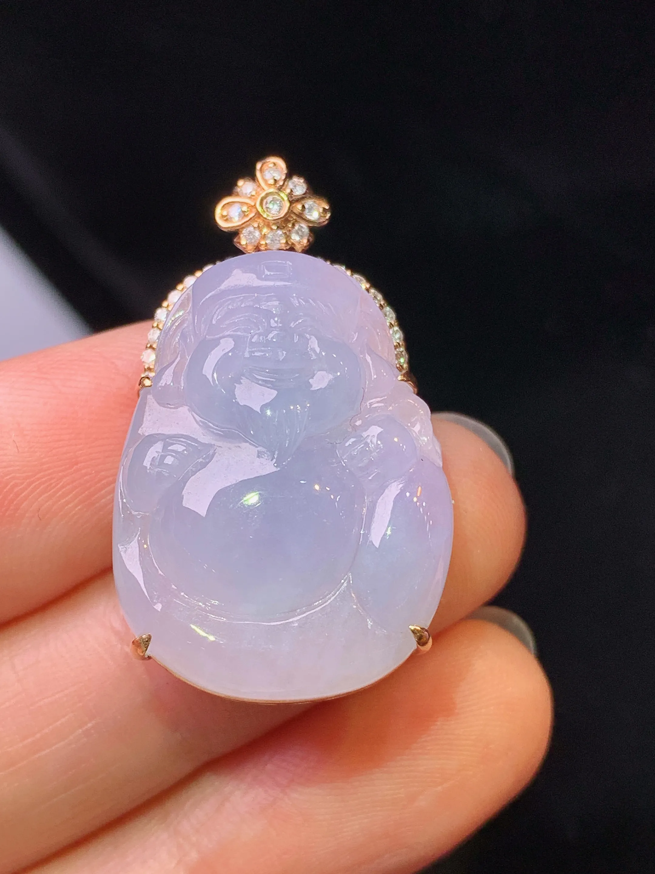 18k金钻镶嵌淡紫罗兰财神吊坠 玉质细腻 色泽艳丽清新 整体尺寸32.2*18.5*9.6
