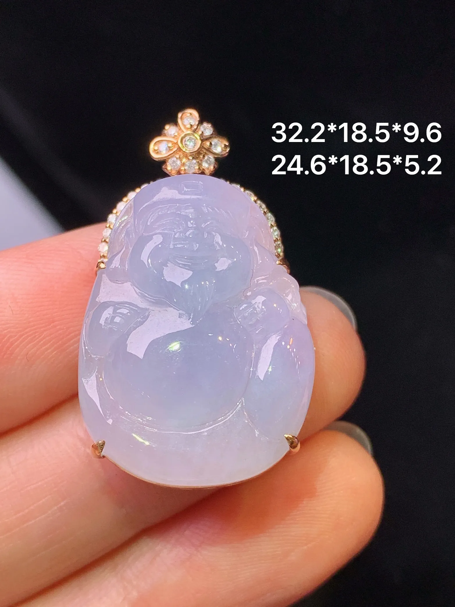 18k金钻镶嵌淡紫罗兰财神吊坠 玉质细腻 色泽艳丽清新 整体尺寸32.2*18.5*9.6