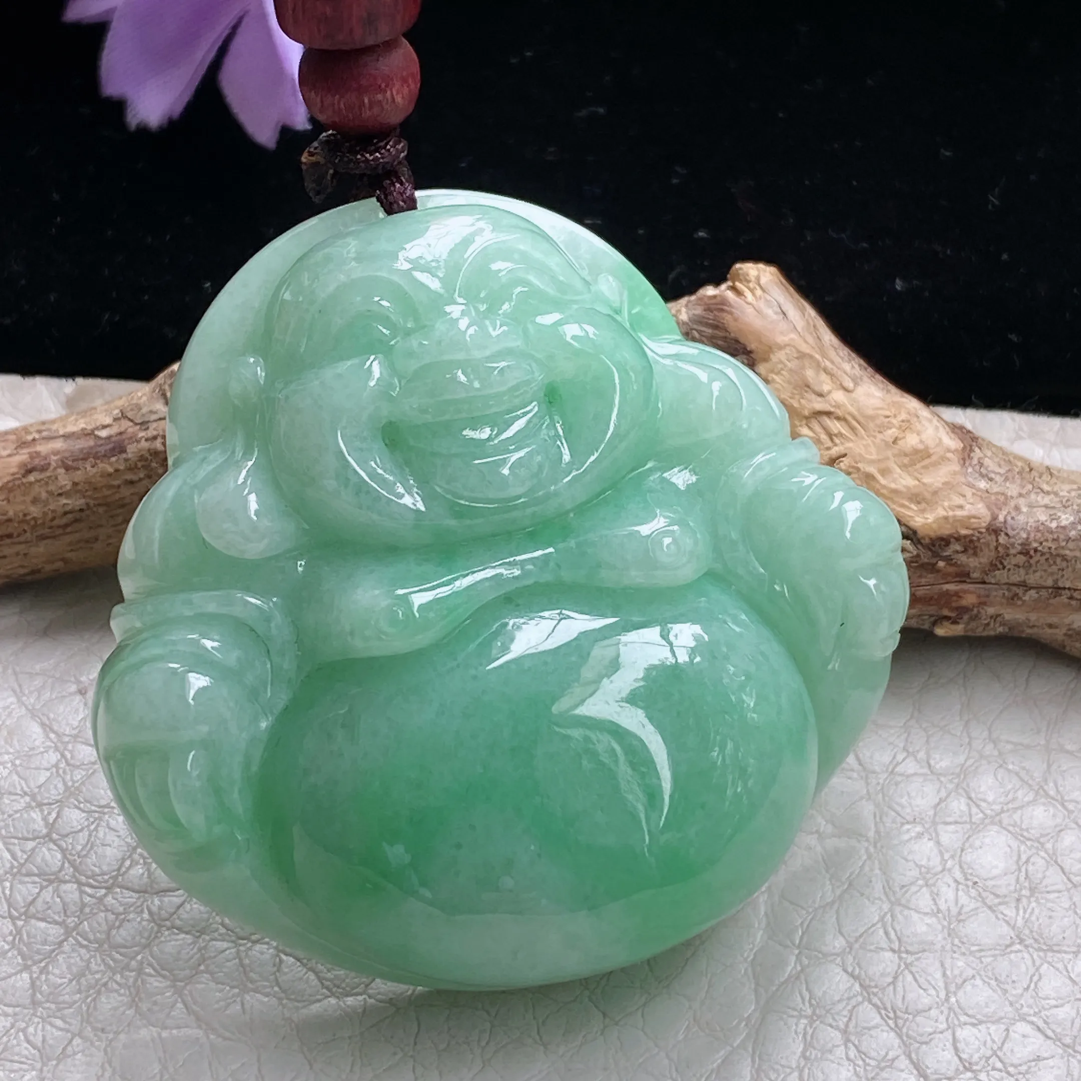 zen自然光45.6*46.2*13.3天然缅甸翡翠满绿佛公 大肚佛玉吊坠