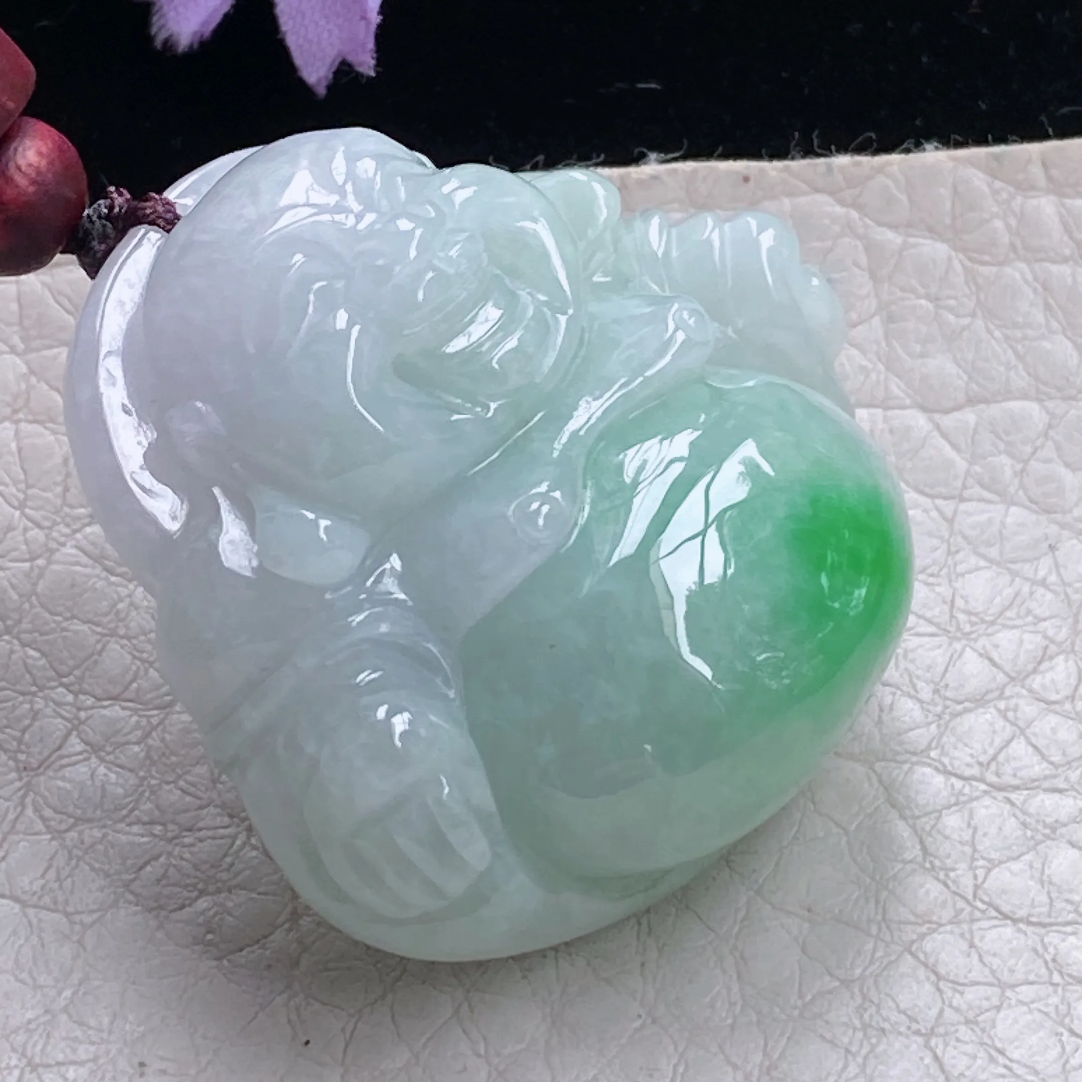 zen自然光35*38*13天然缅甸翡翠白底青飘阳绿小佛公 绿色肚弥勒佛玉吊坠