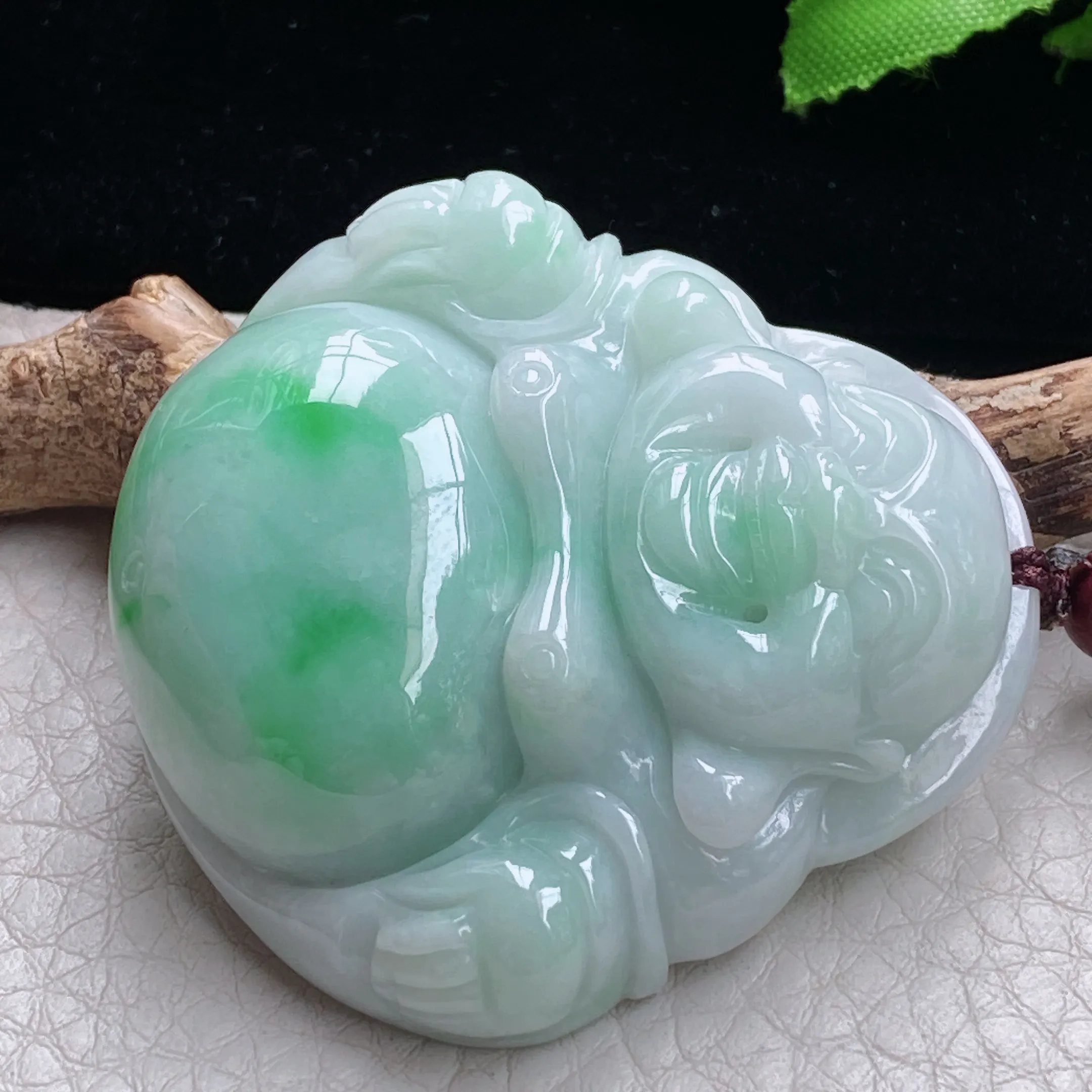 zen自然光49*48*12.5天然缅甸翡翠白底青大佛公项坠飘绿大肚佛毛衣坠