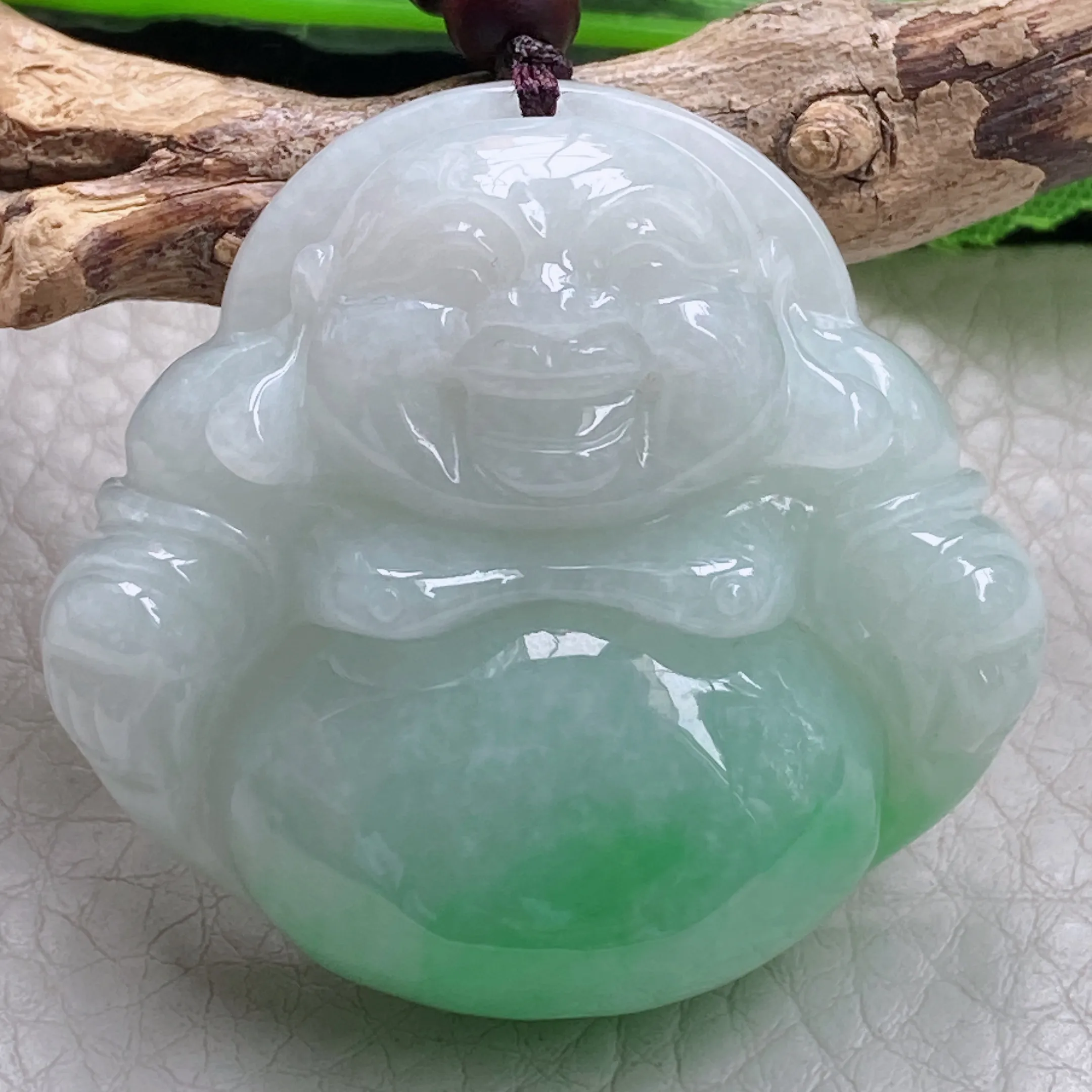 zen自然光41*44.3*13.8天然缅甸翡翠白底青佛公项坠 弥勒佛毛衣坠