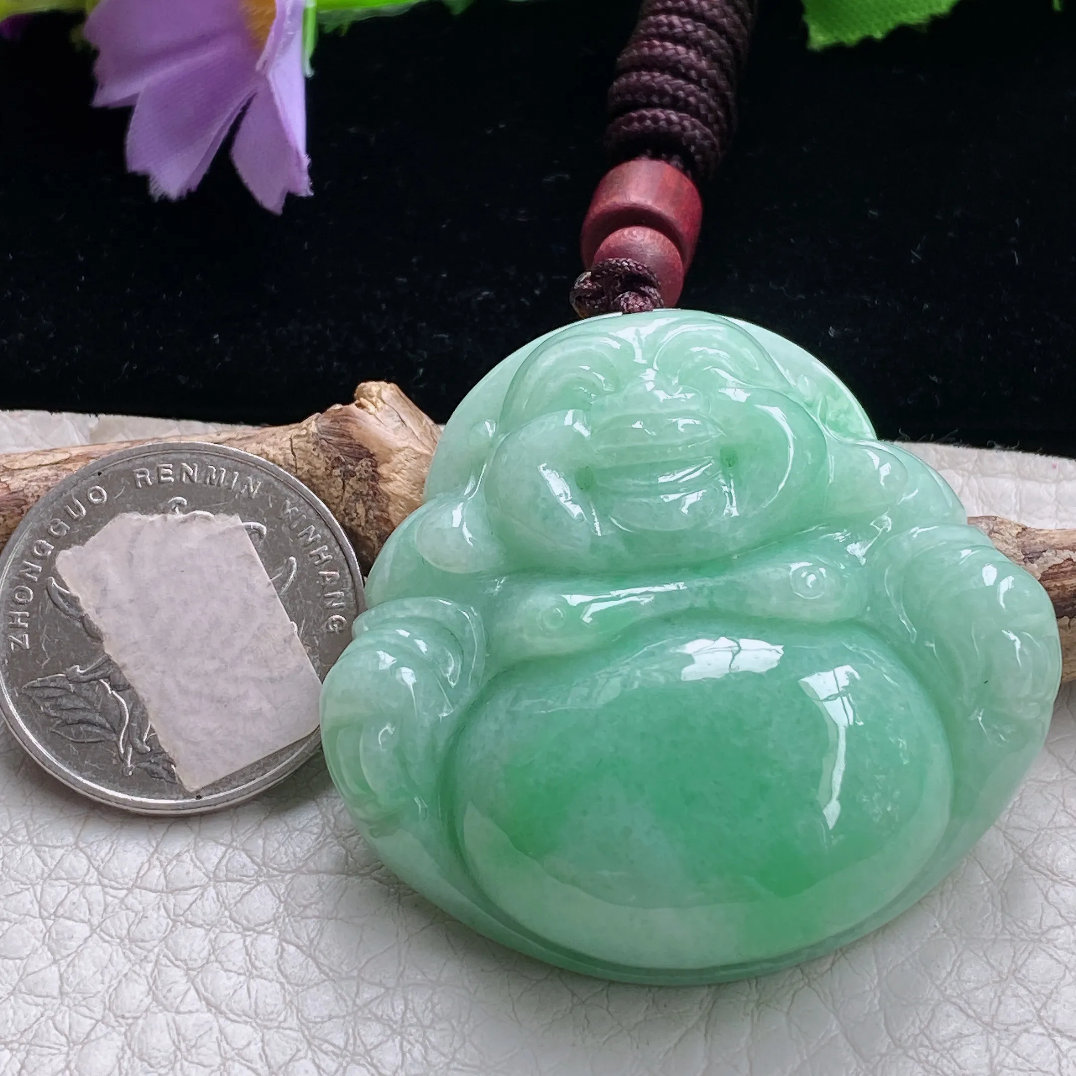 zen自然光45.6*46.2*13.3天然缅甸翡翠满绿佛公 大肚佛玉吊坠