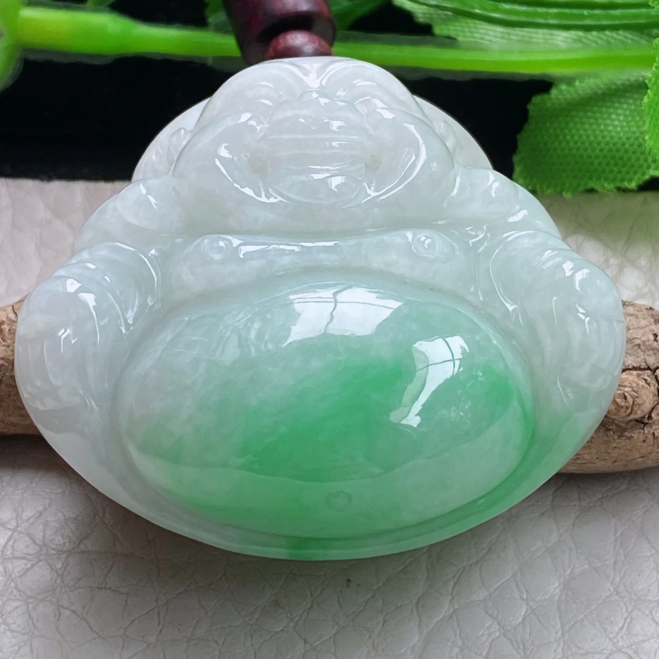 zen自然光41*44.3*13.8天然缅甸翡翠白底青佛公项坠 弥勒佛毛衣坠