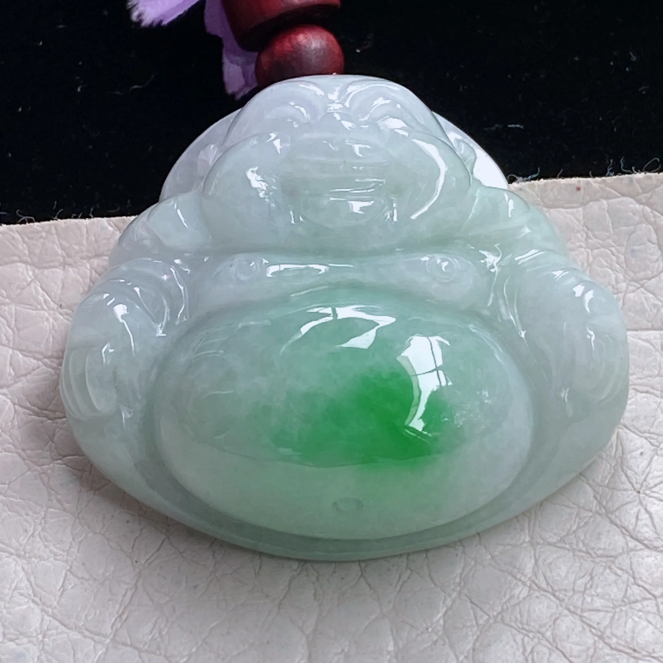 zen自然光35*38*13天然缅甸翡翠白底青飘阳绿小佛公 绿色肚弥勒佛玉吊坠