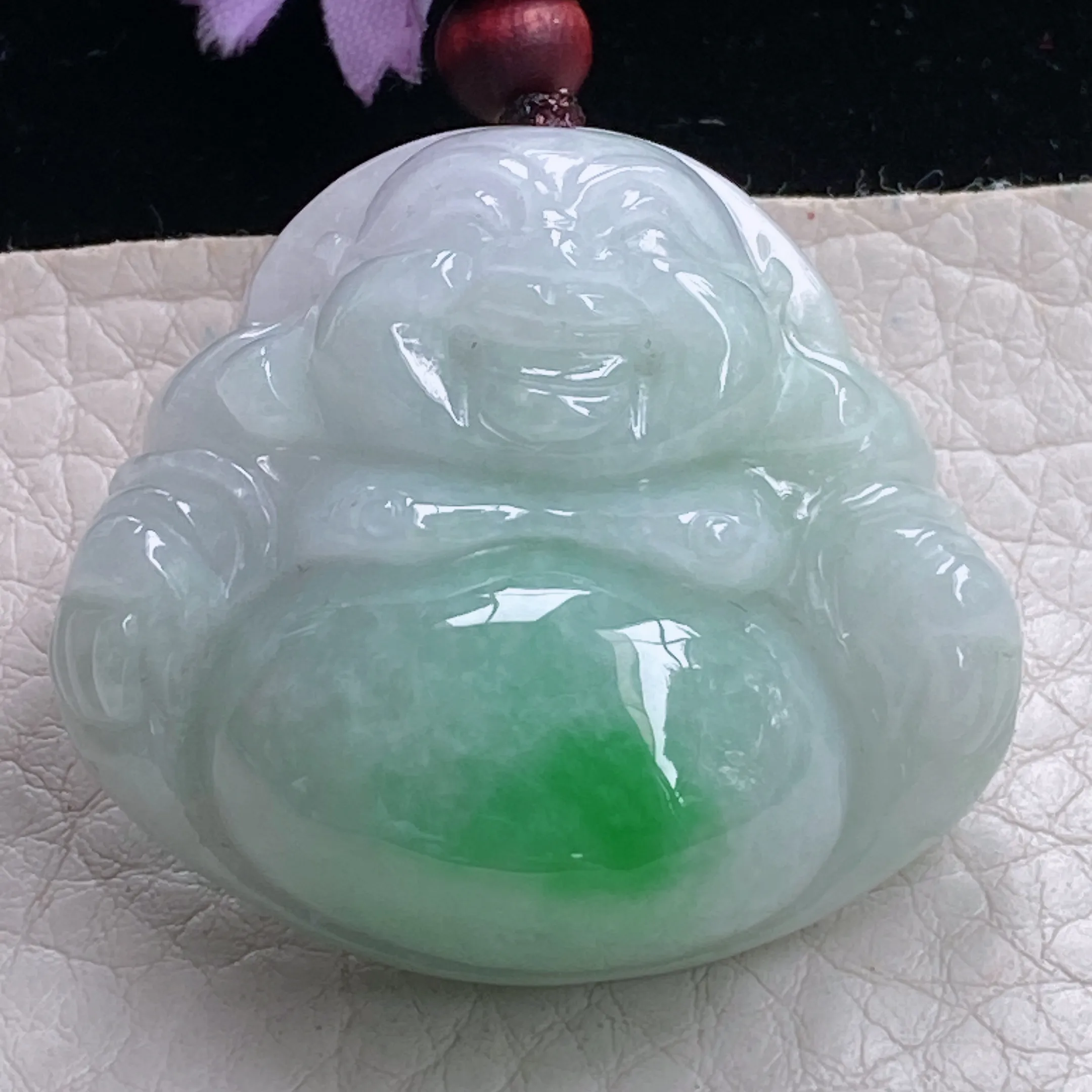 zen自然光35*38*13天然缅甸翡翠白底青飘阳绿小佛公 绿色肚弥勒佛玉吊坠