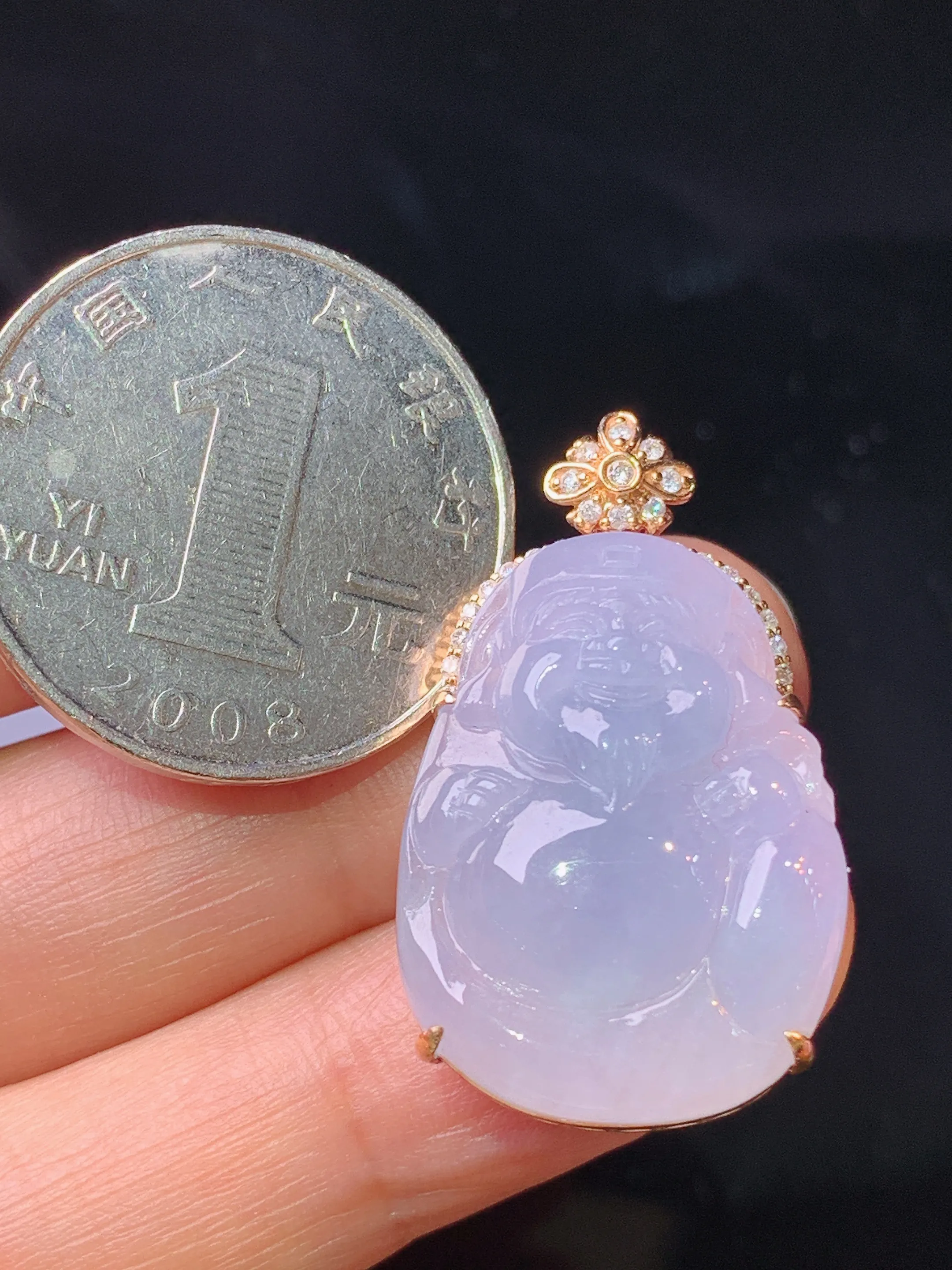 18k金钻镶嵌淡紫罗兰财神吊坠 玉质细腻 色泽艳丽清新 整体尺寸32.2*18.5*9.6