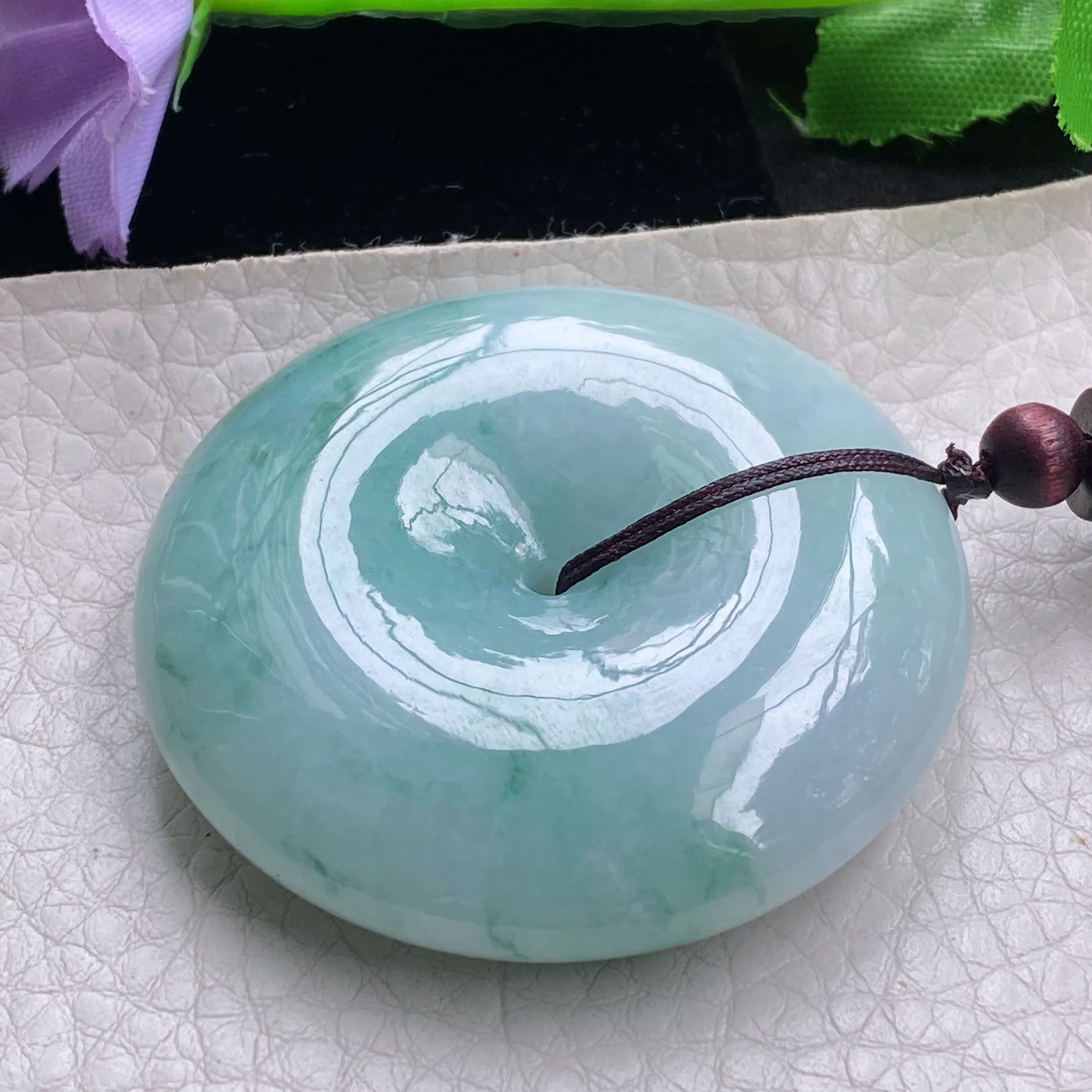 zen自然光49*12.8天然缅甸翡翠飘花大平安扣吊坠 简约国风复古扣