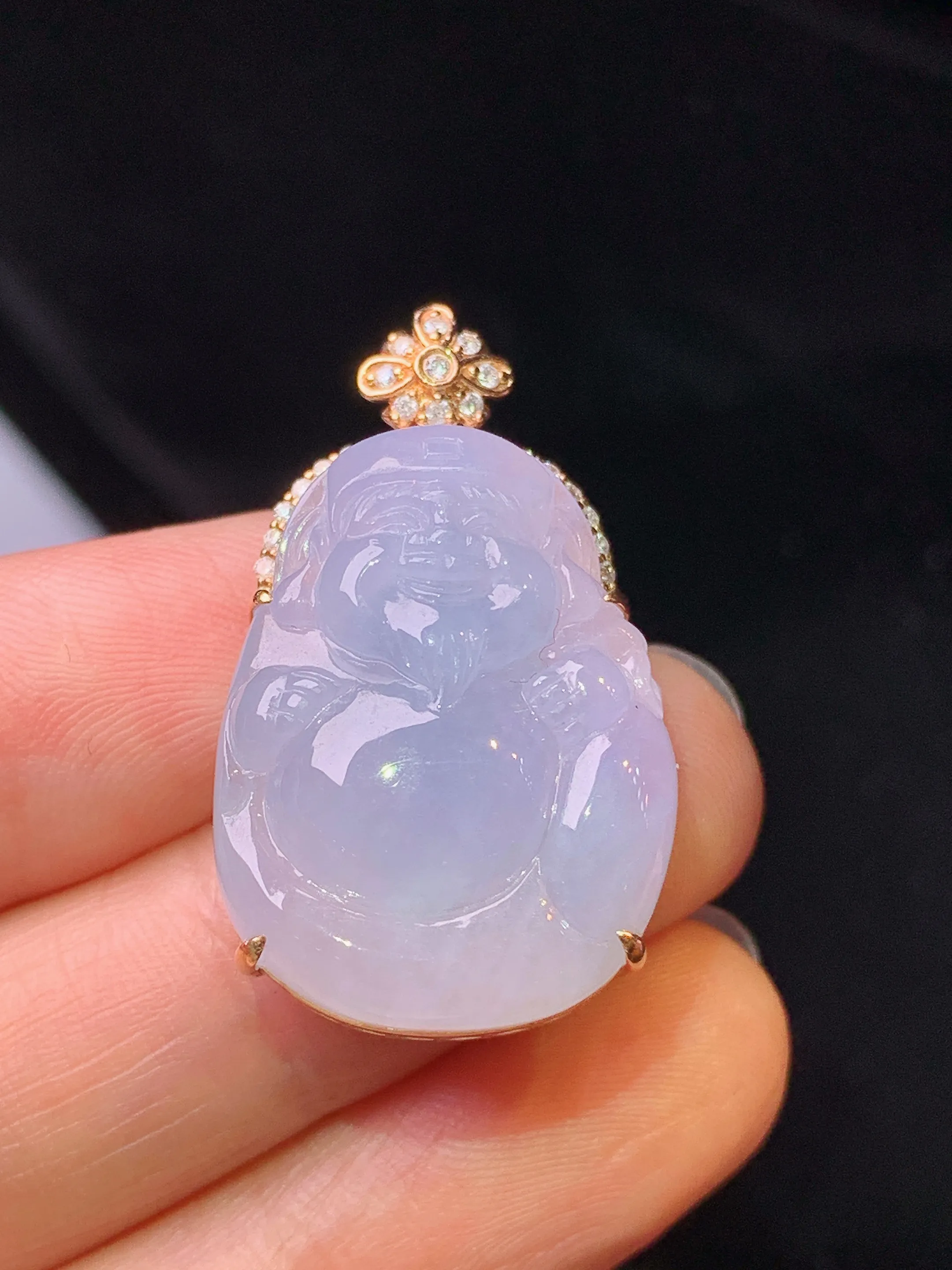 18k金钻镶嵌淡紫罗兰财神吊坠 玉质细腻 色泽艳丽清新 整体尺寸32.2*18.5*9.6