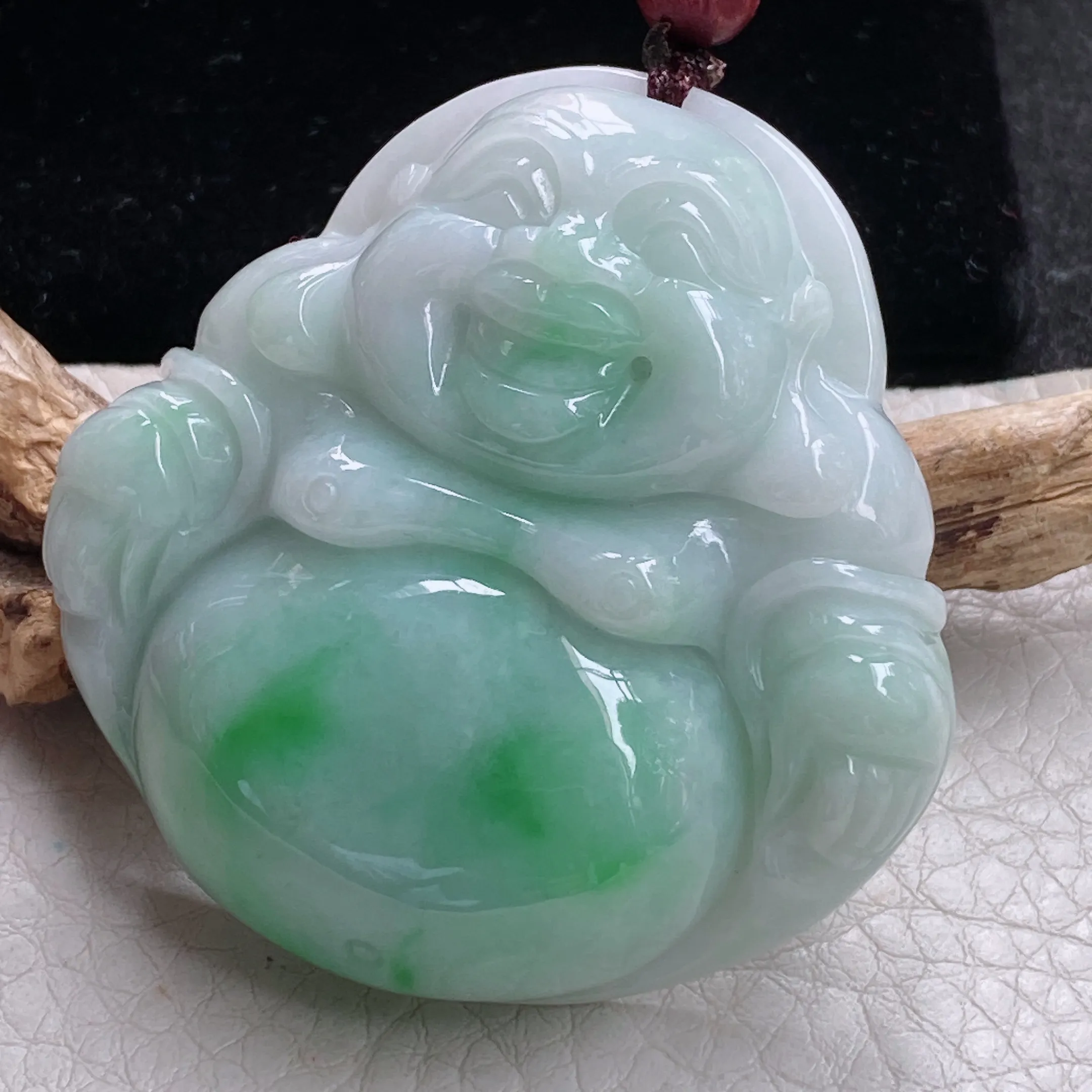 zen自然光49*48*12.5天然缅甸翡翠白底青大佛公项坠飘绿大肚佛毛衣坠