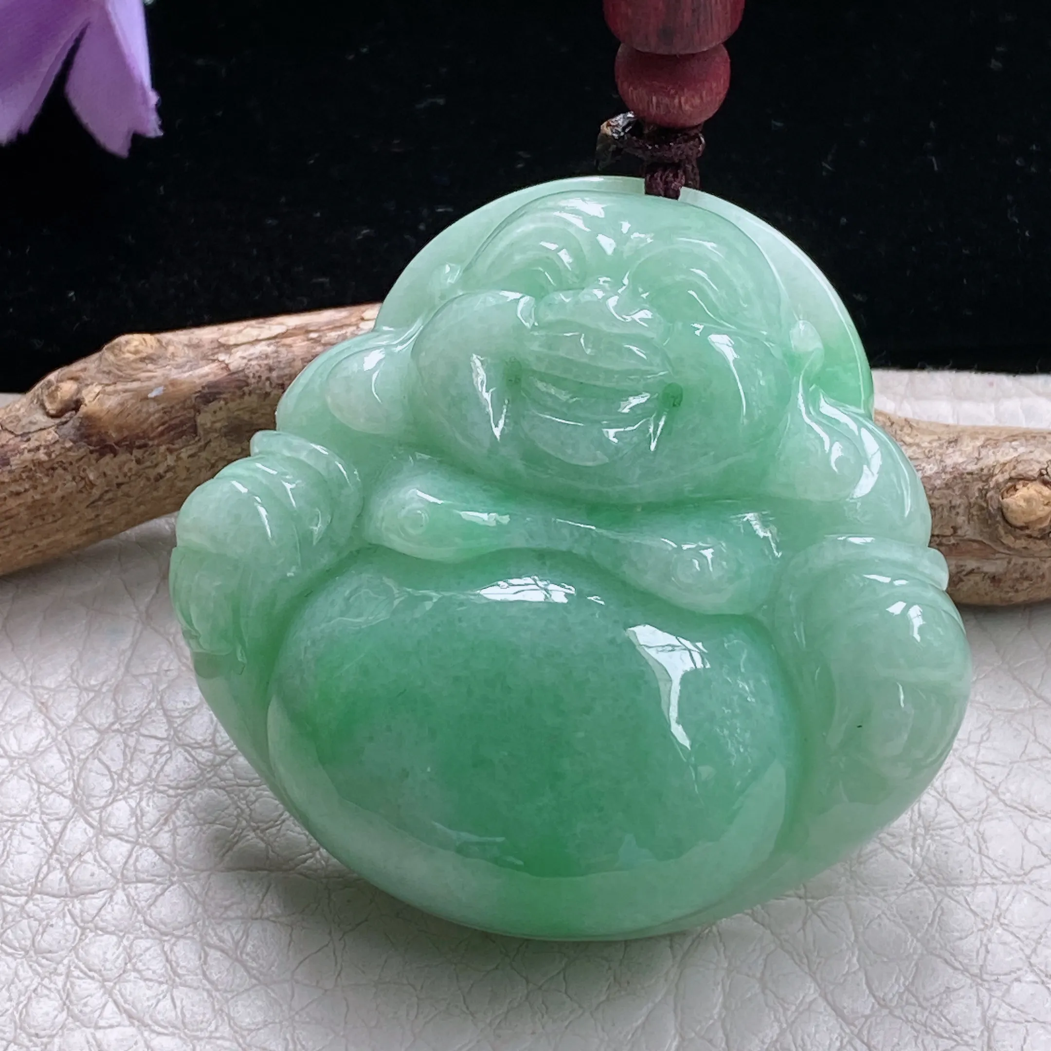 zen自然光45.6*46.2*13.3天然缅甸翡翠满绿佛公 大肚佛玉吊坠