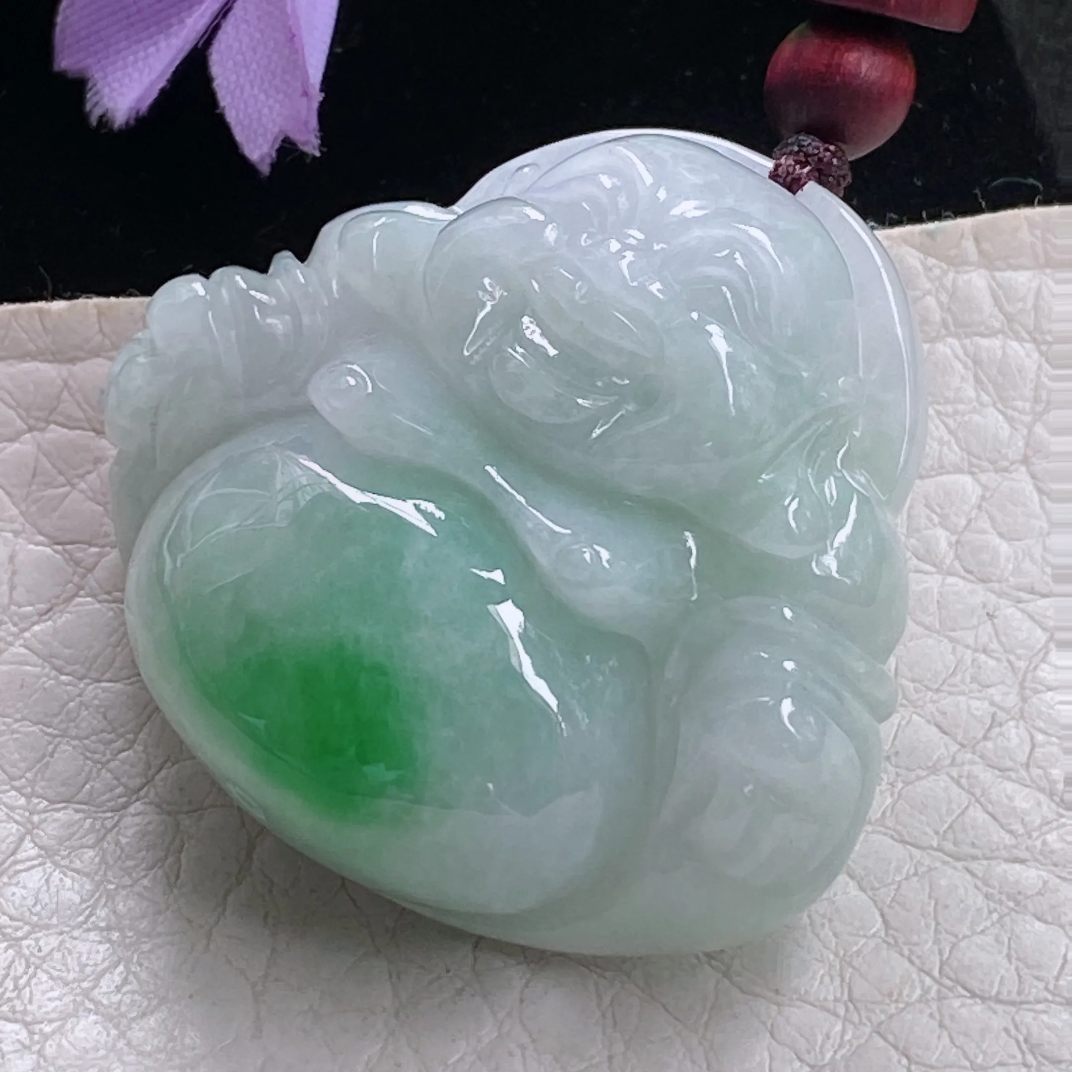 zen自然光35*38*13天然缅甸翡翠白底青飘阳绿小佛公 绿色肚弥勒佛玉吊坠