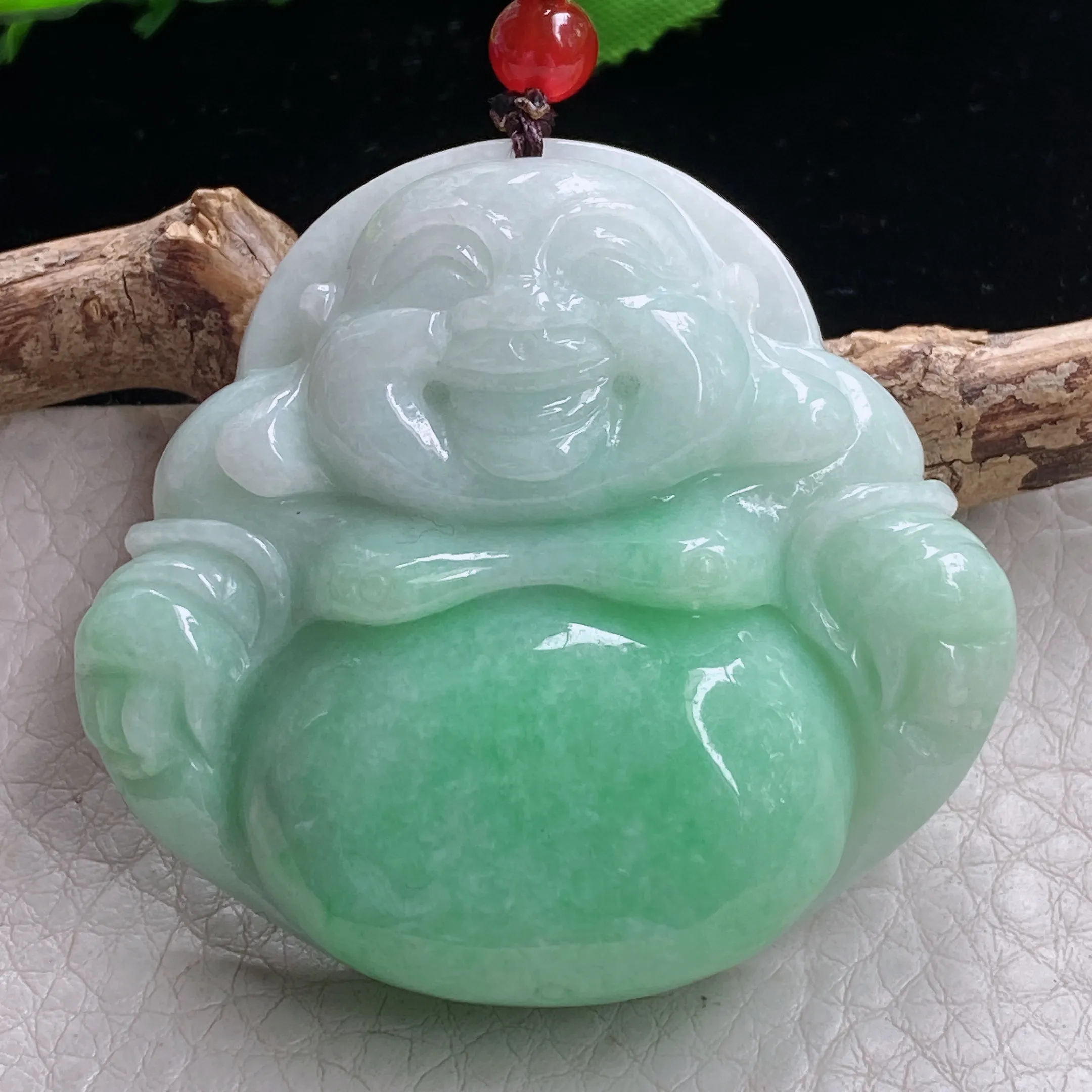 zen自然光49*52*12.8天然缅甸翡翠大佛公项坠豆绿俏雕弥勒佛像